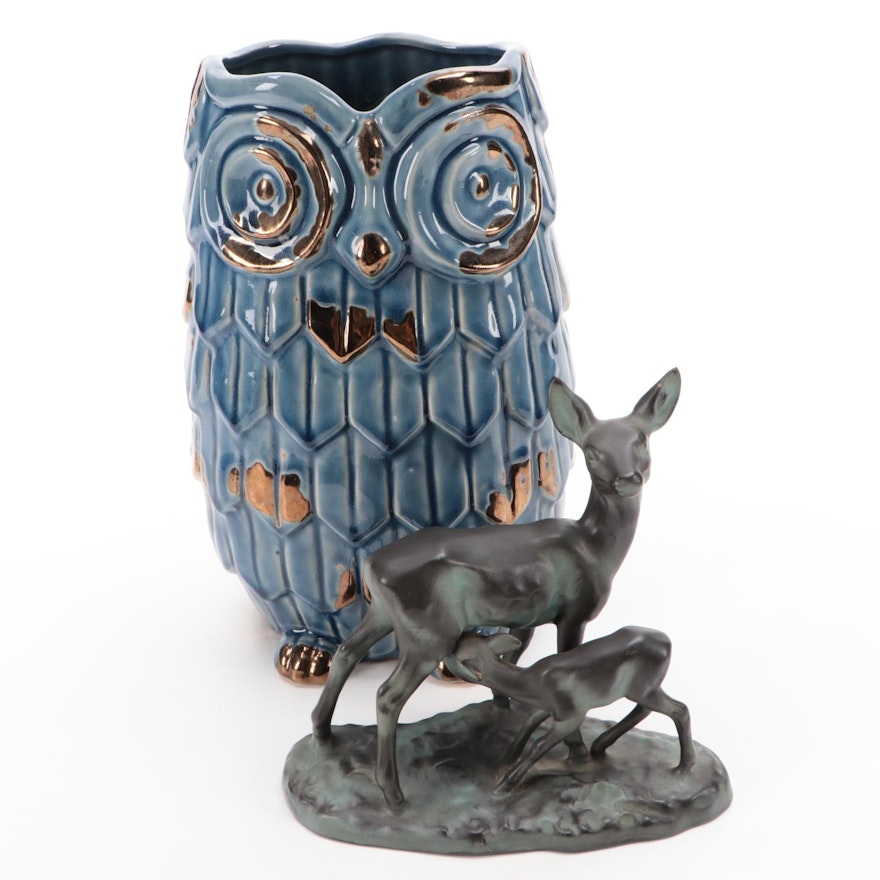 Ceramic Owl Vase and West German Patinated Metal Look Ceramic Deer Figurines