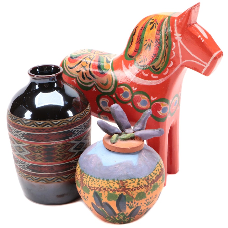 Hand-Painted Red Dala Horse with Quemada Vase and Handmade Vessel