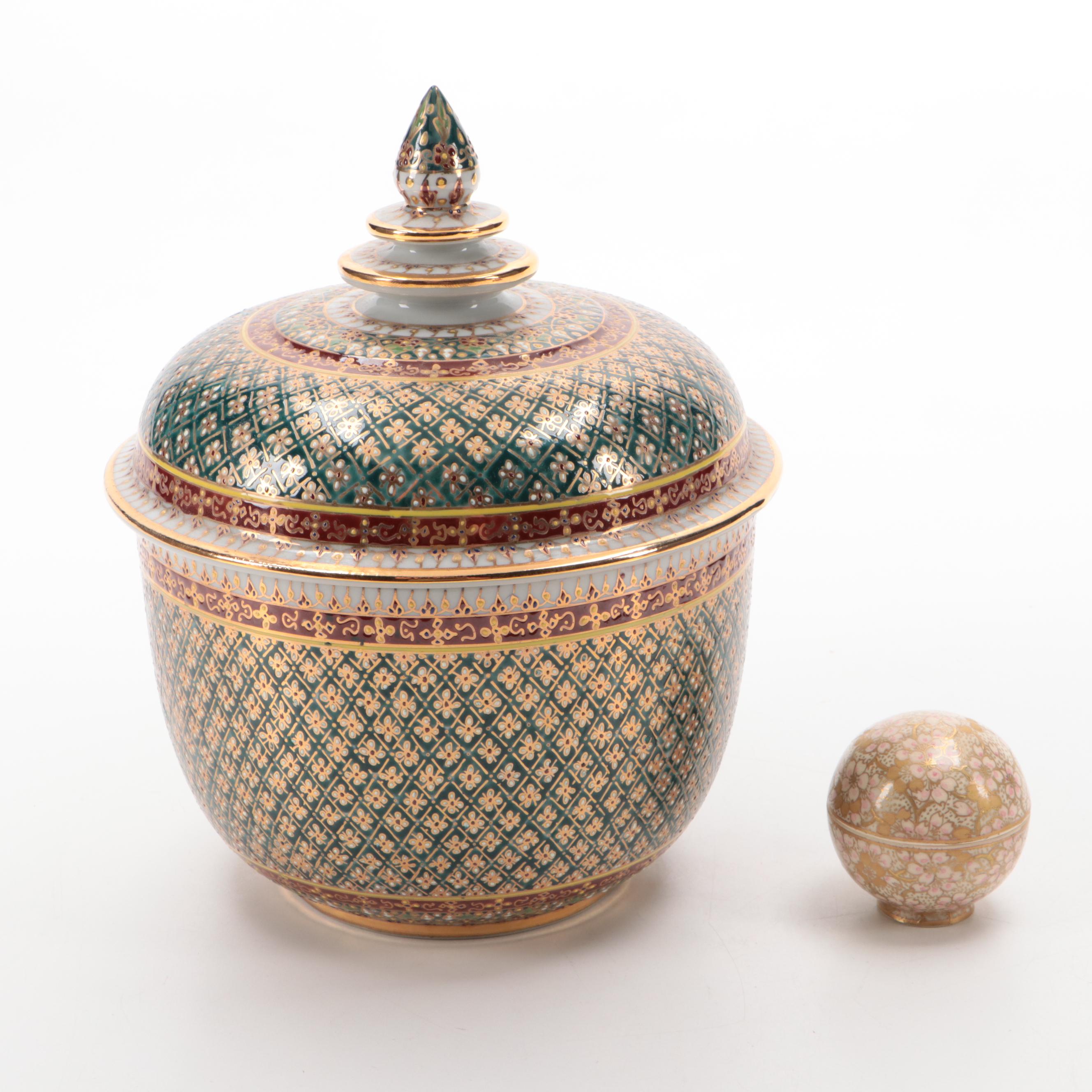 Thai Hand-Painted Porcelain Lidded Jar with Japanese Kutani Cherry Blossom Box