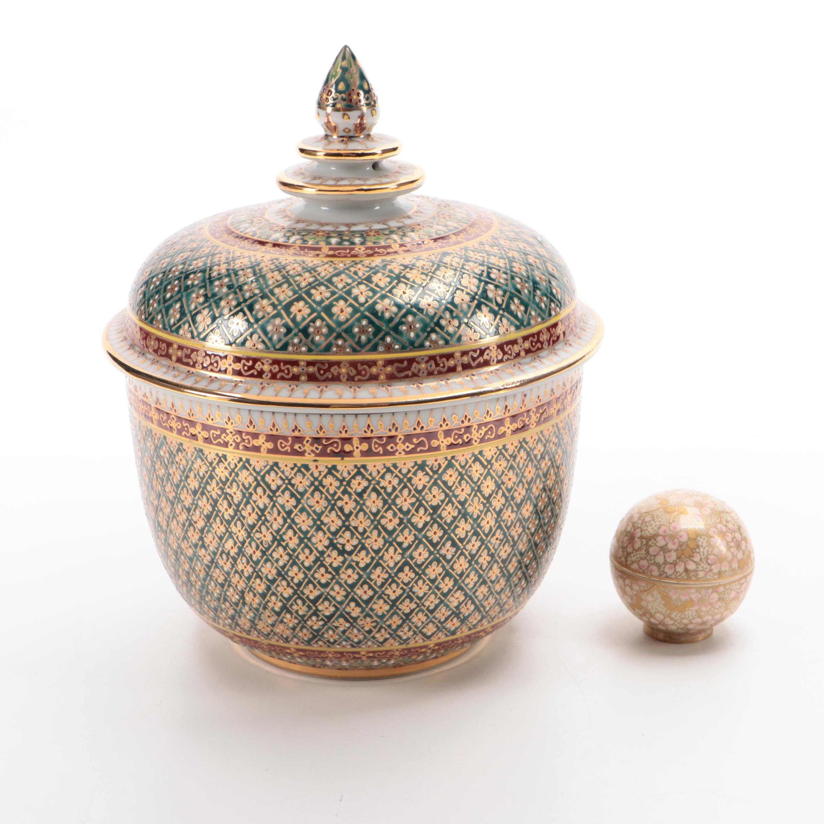 Thai Hand-Painted Porcelain Lidded Jar with Japanese Kutani Cherry Blossom Box