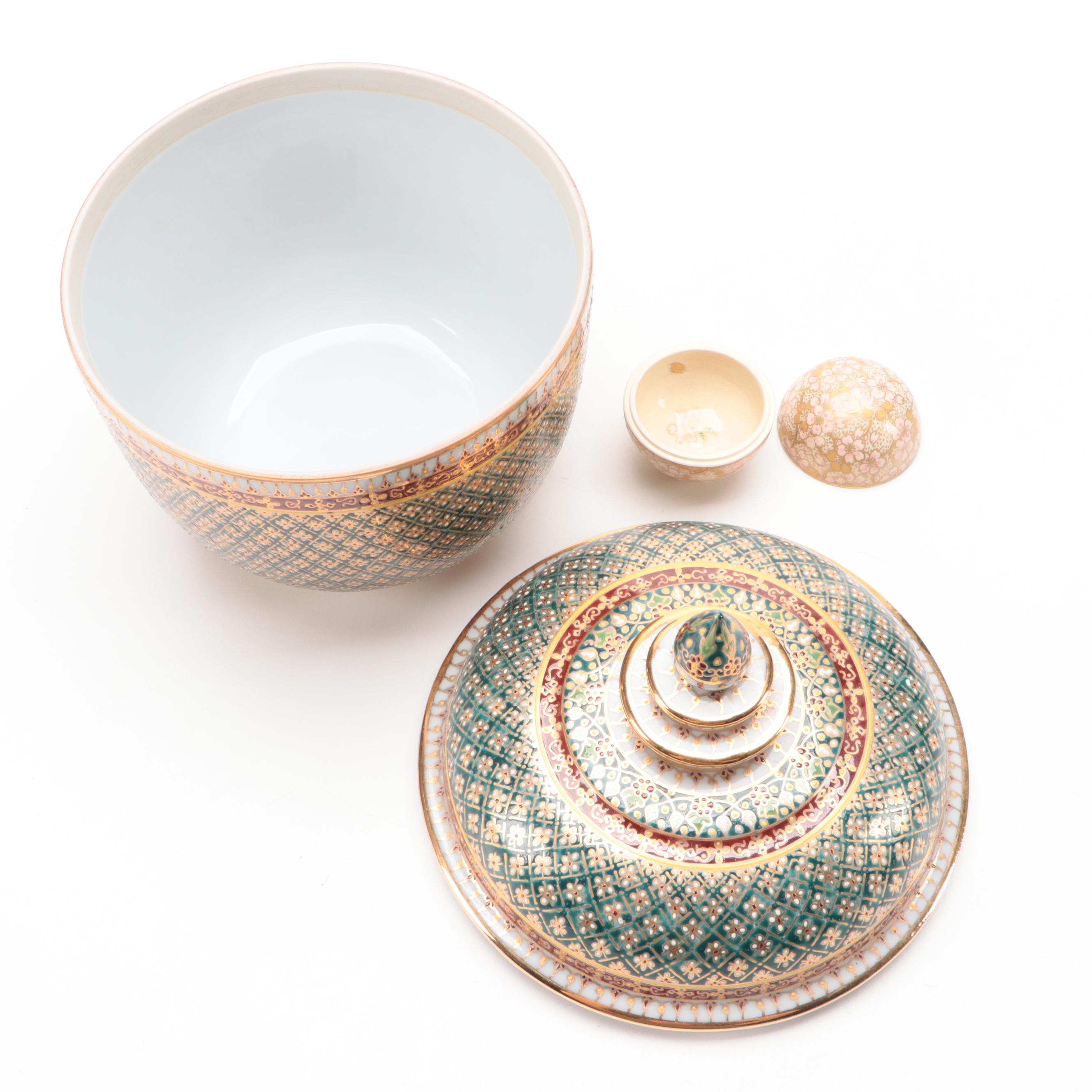 Thai Hand-Painted Porcelain Lidded Jar with Japanese Kutani Cherry Blossom Box