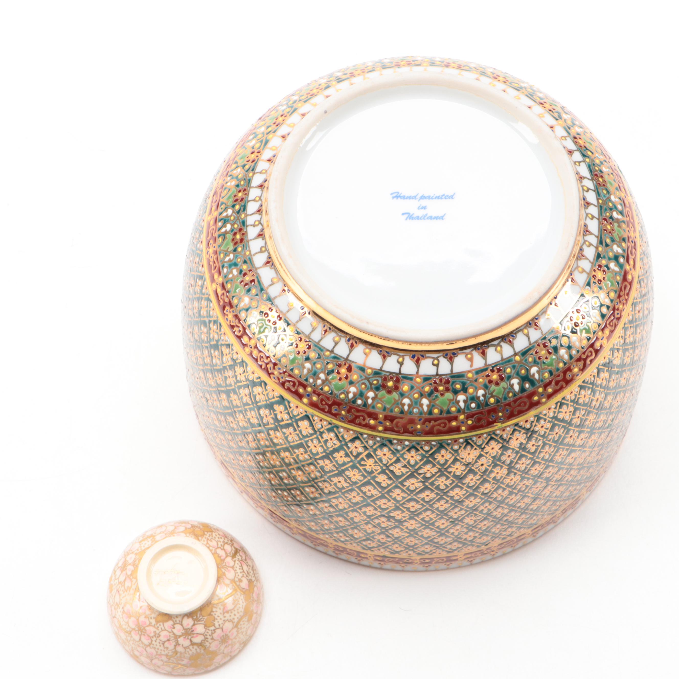 Thai Hand-Painted Porcelain Lidded Jar with Japanese Kutani Cherry Blossom Box