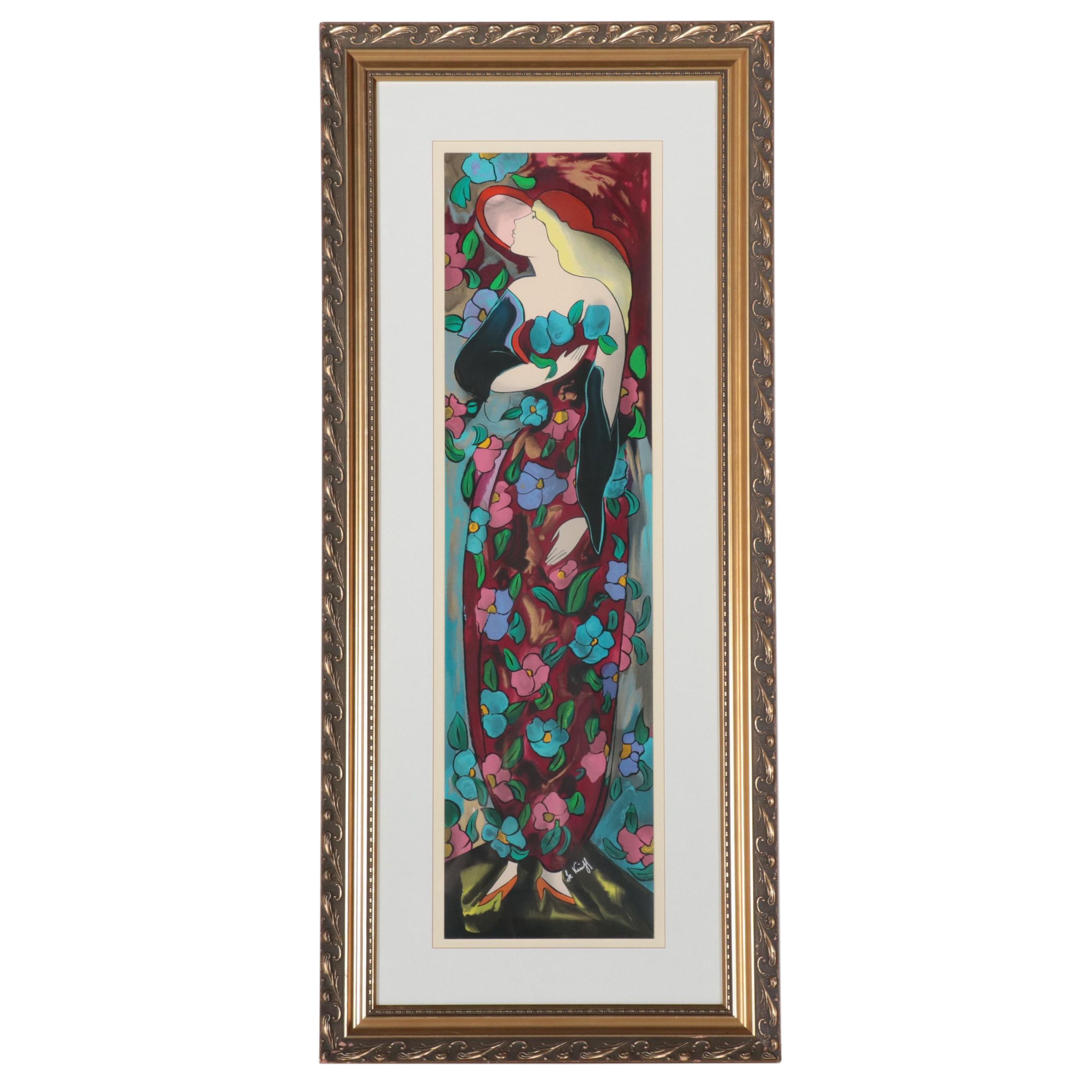 Linda LeKinff Serigraph of Standing Woman With Hat and Flowers