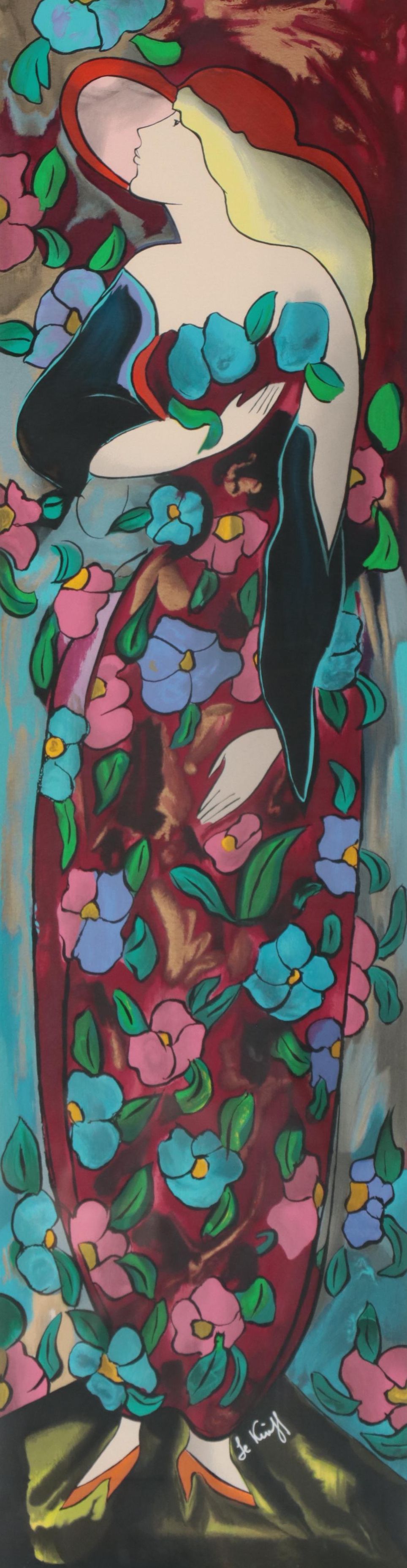 Linda LeKinff Serigraph of Standing Woman With Hat and Flowers