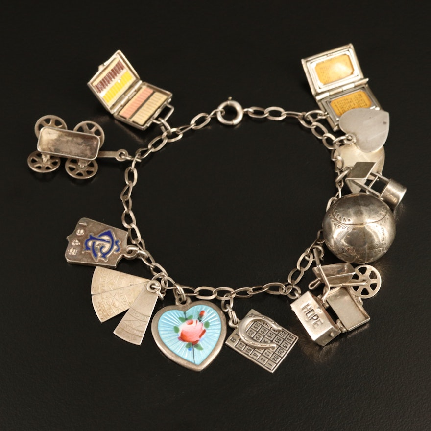 Sterling Charm Bracelet with Enameling, Torah and Hope Chest Charms