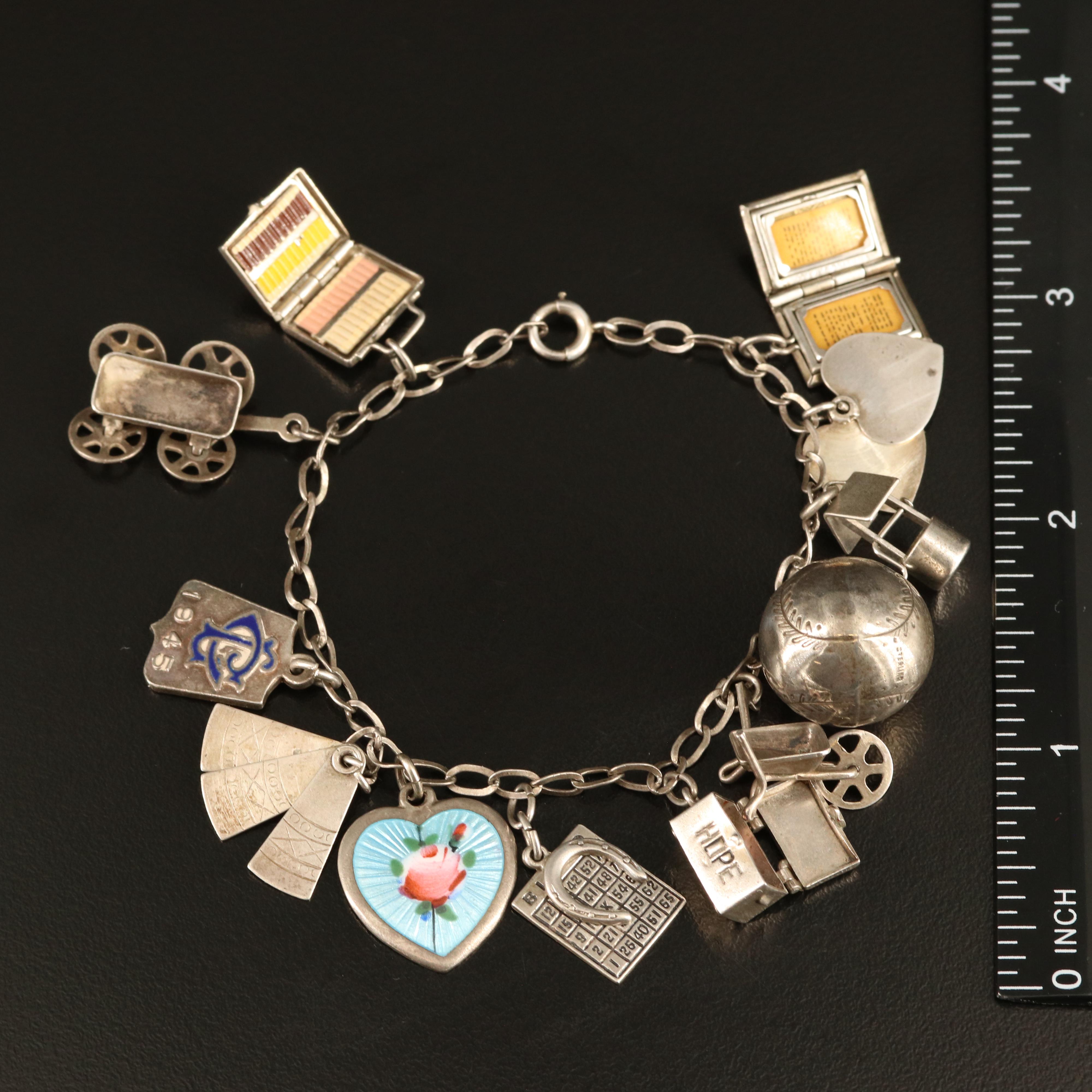 Sterling Charm Bracelet with Enameling, Torah and Hope Chest Charms