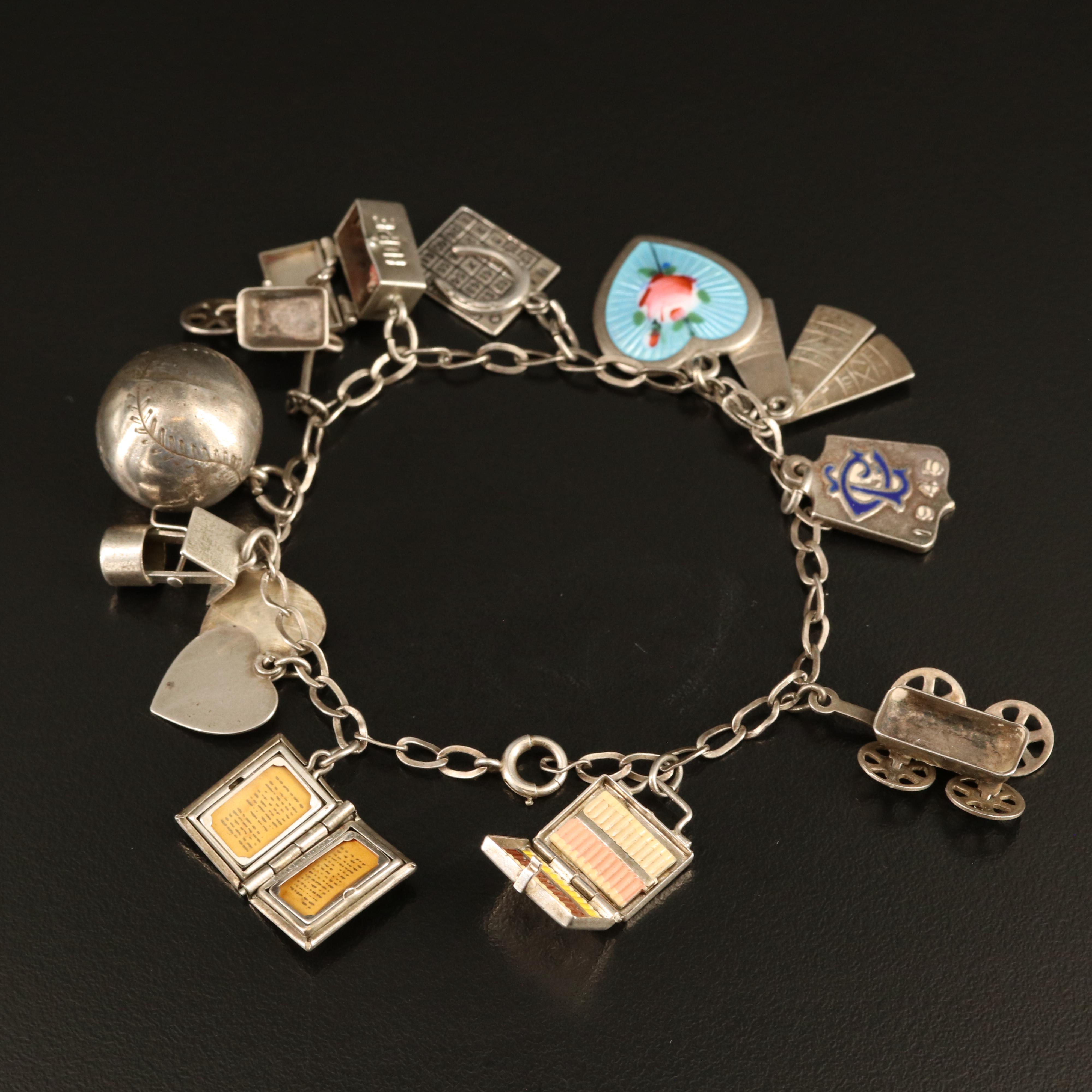 Sterling Charm Bracelet with Enameling, Torah and Hope Chest Charms