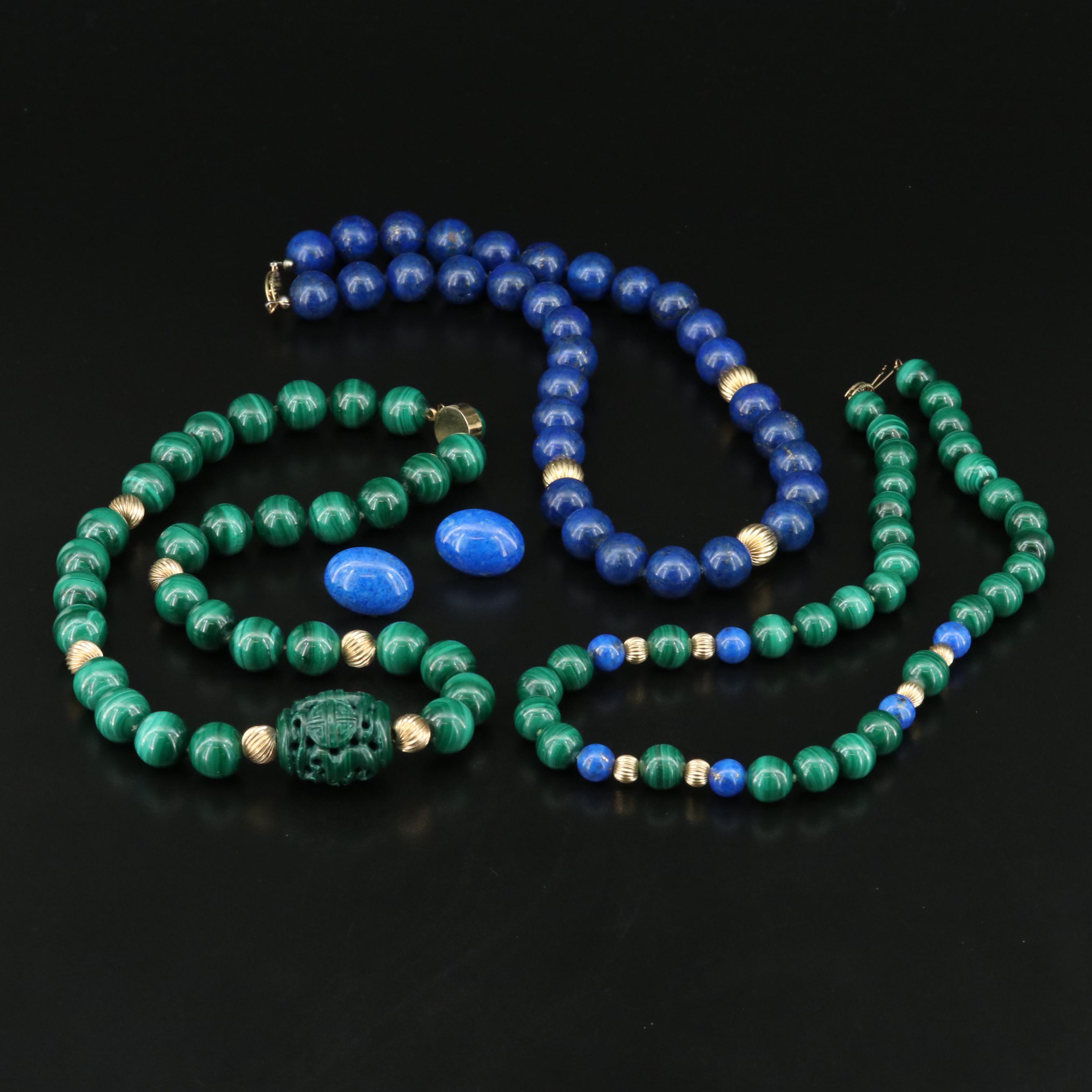 Azurmalachite and Lapis Lazuli Bead Necklaces and 14K Oval Earrings