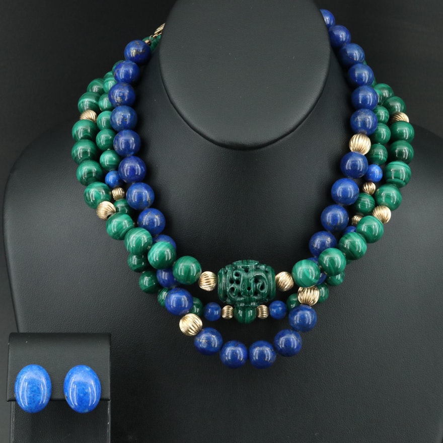Azurmalachite and Lapis Lazuli Bead Necklaces and 14K Oval Earrings