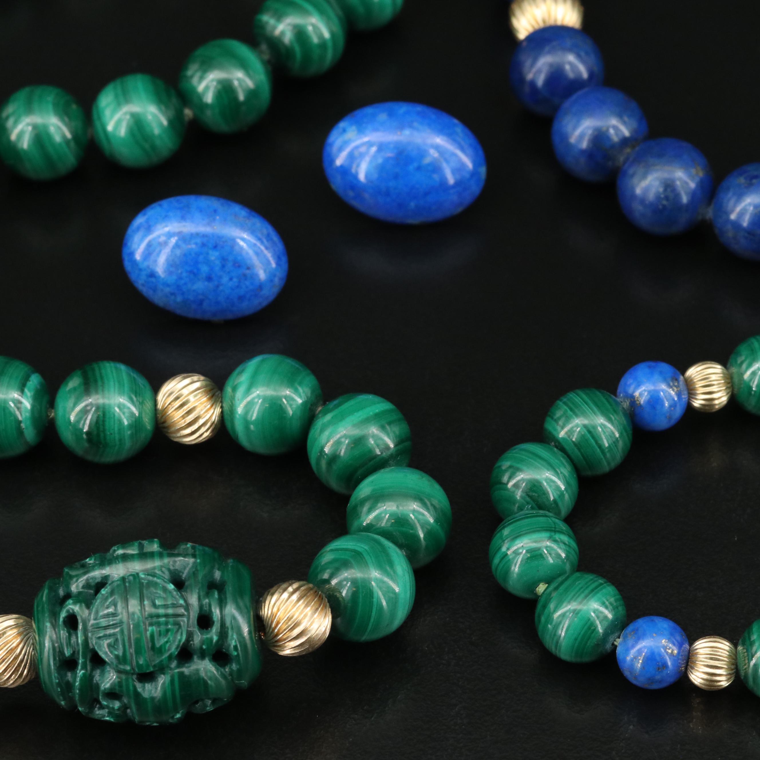 Azurmalachite and Lapis Lazuli Bead Necklaces and 14K Oval Earrings