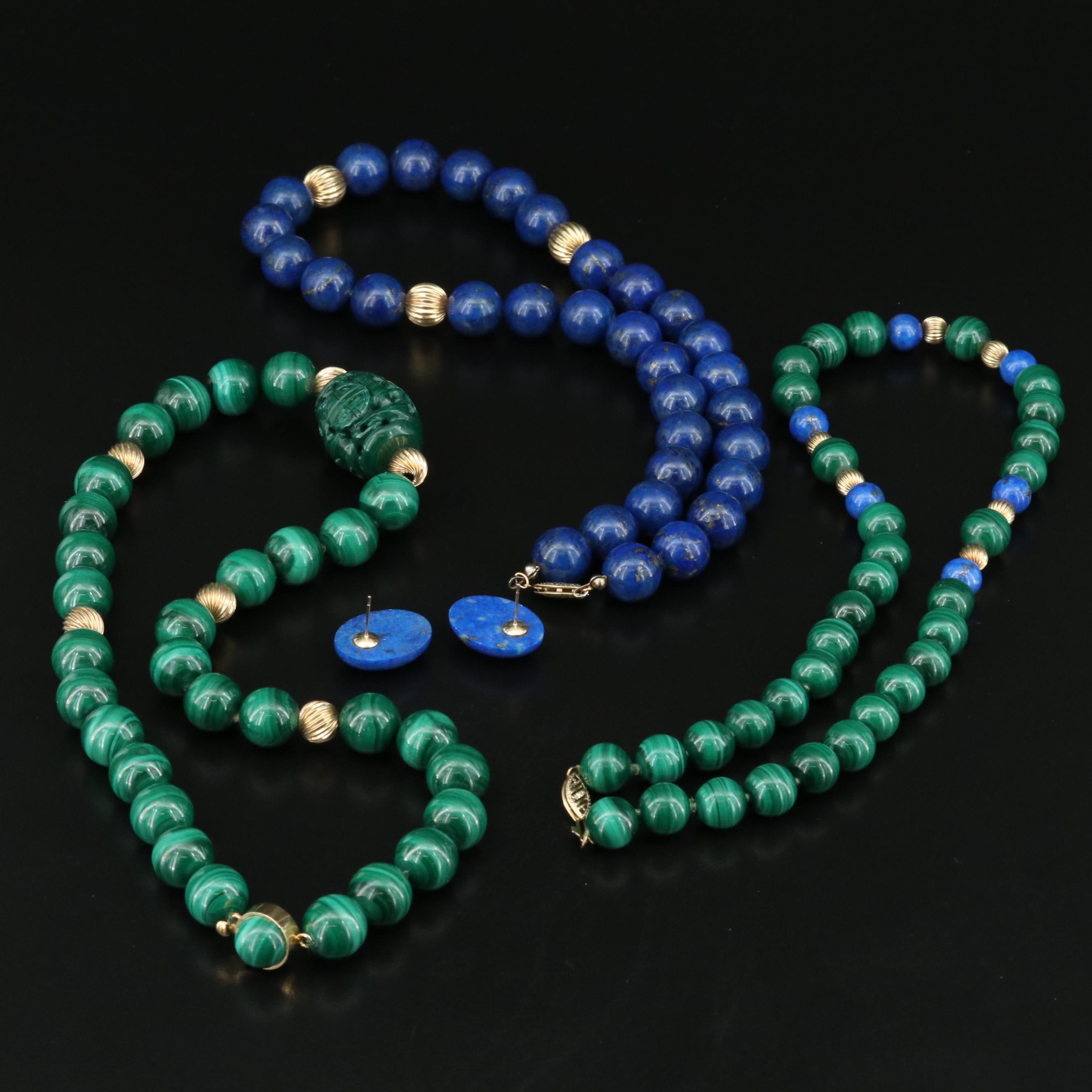 Azurmalachite and Lapis Lazuli Bead Necklaces and 14K Oval Earrings
