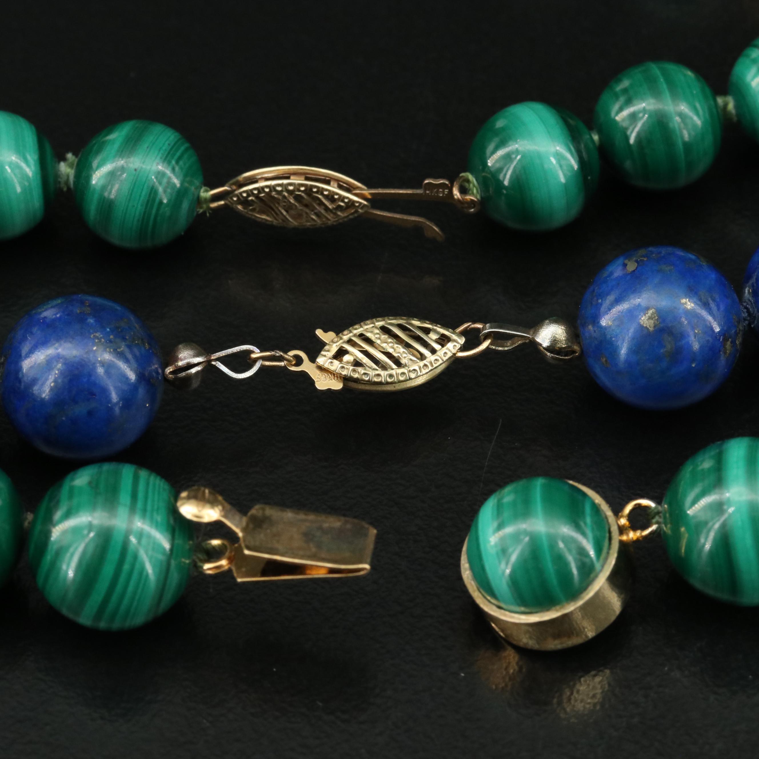 Azurmalachite and Lapis Lazuli Bead Necklaces and 14K Oval Earrings