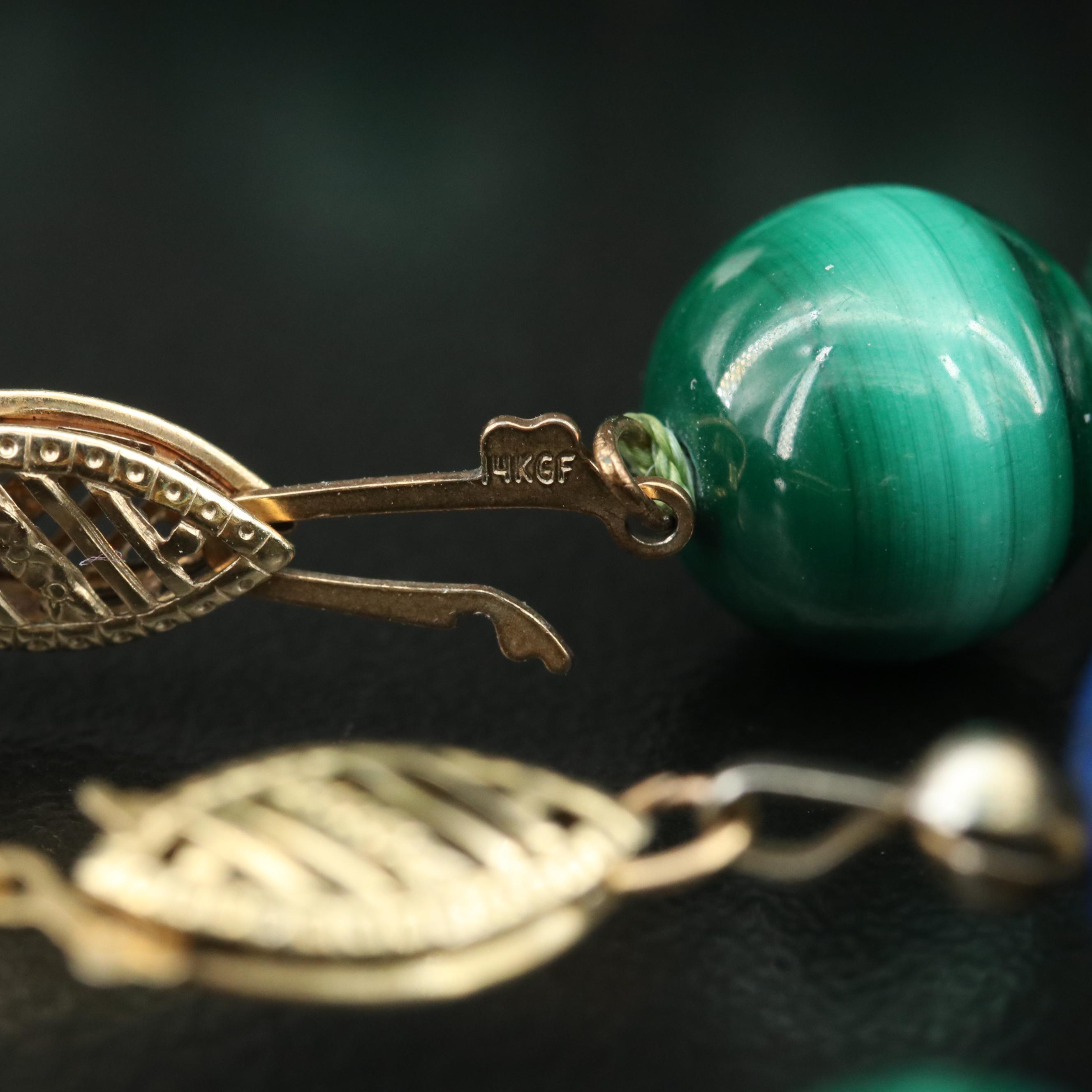 Azurmalachite and Lapis Lazuli Bead Necklaces and 14K Oval Earrings