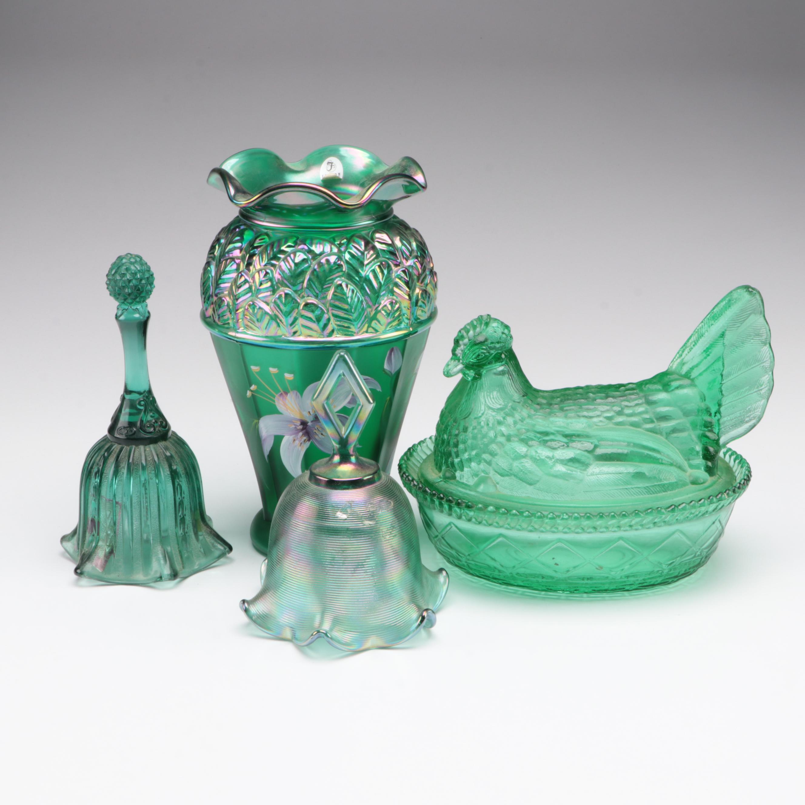 Fenton Hand-Painted Emerald Green Glass Décor with Other Hen on Nest Dish