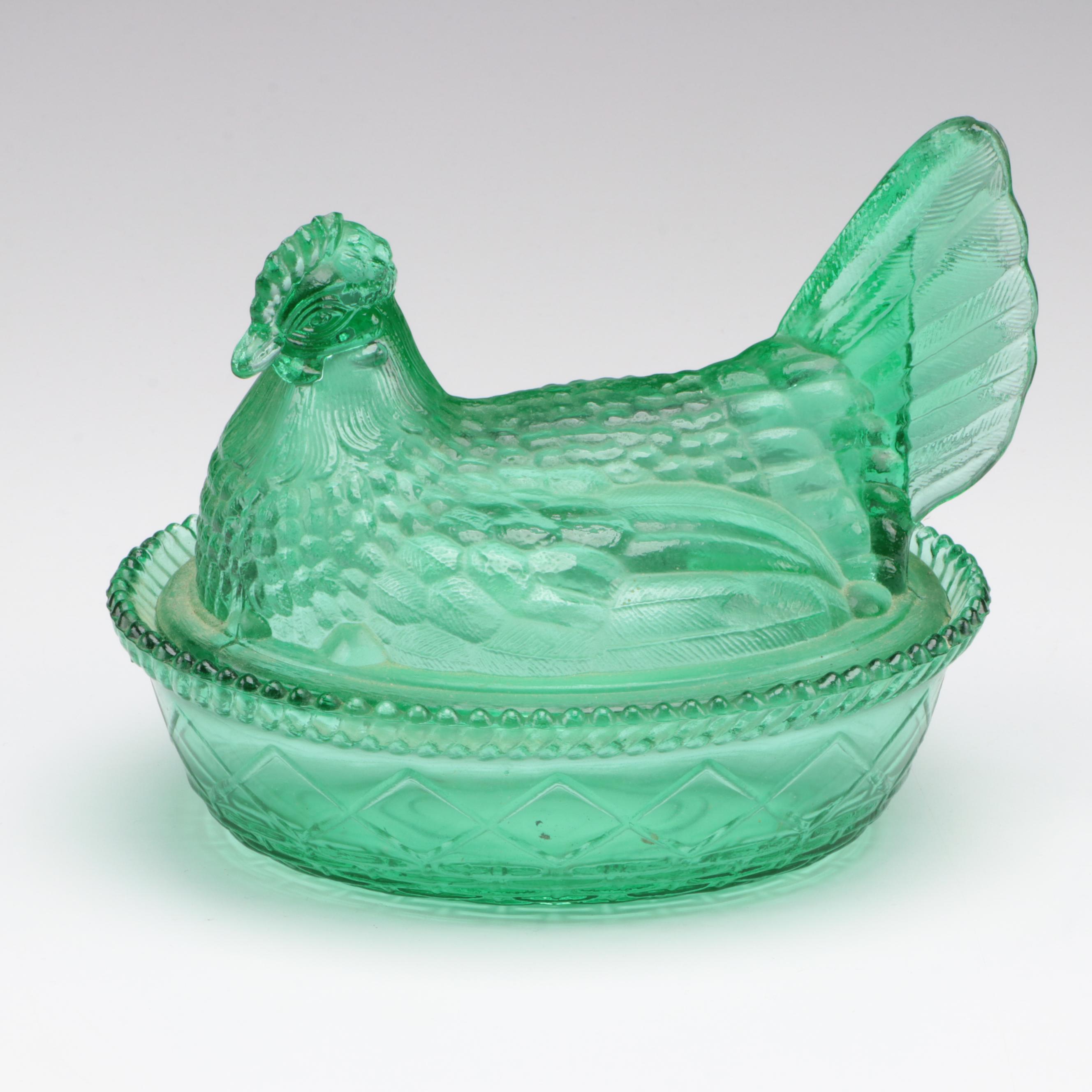 Fenton Hand-Painted Emerald Green Glass Décor with Other Hen on Nest Dish