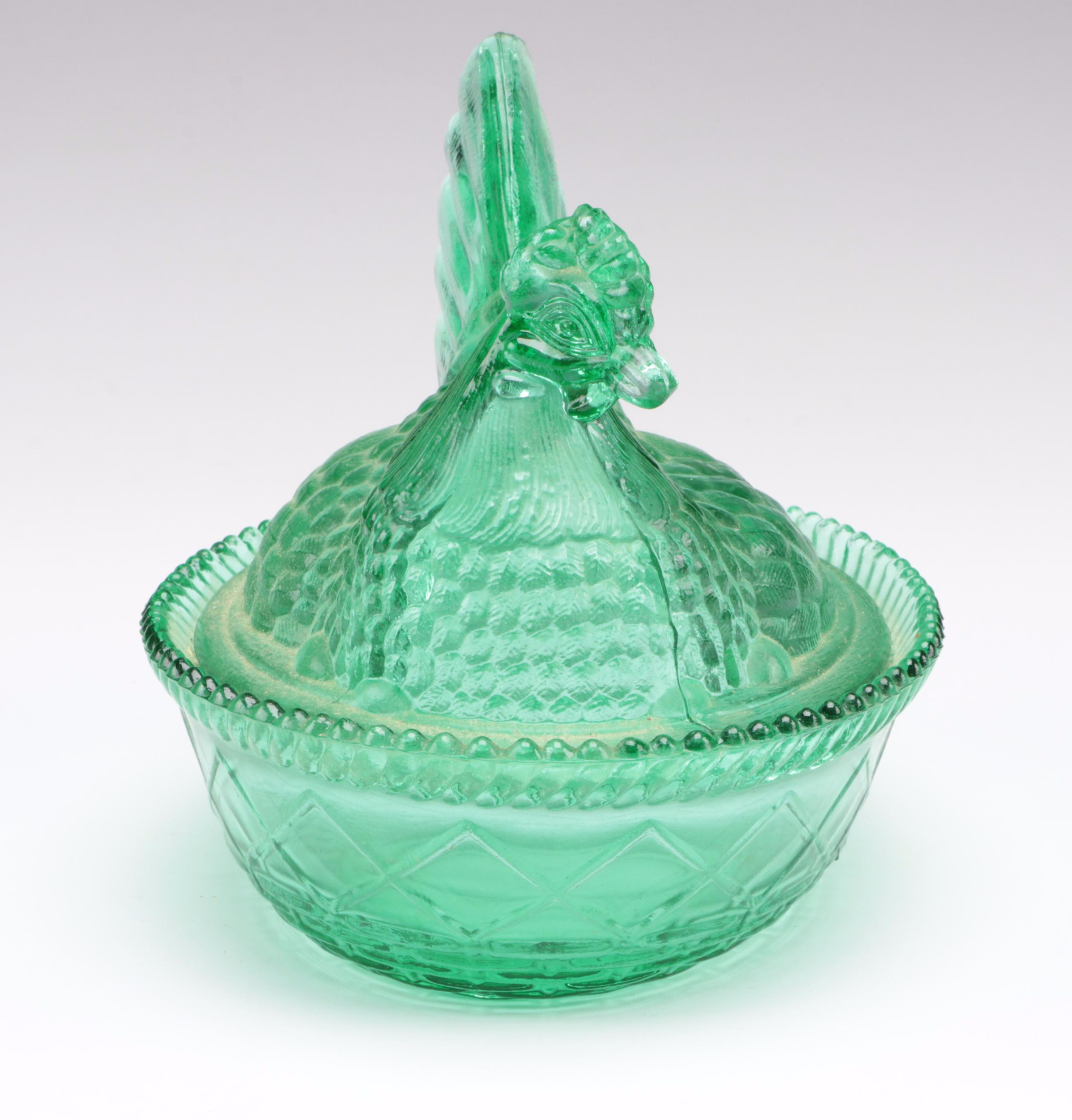 Fenton Hand-Painted Emerald Green Glass Décor with Other Hen on Nest Dish