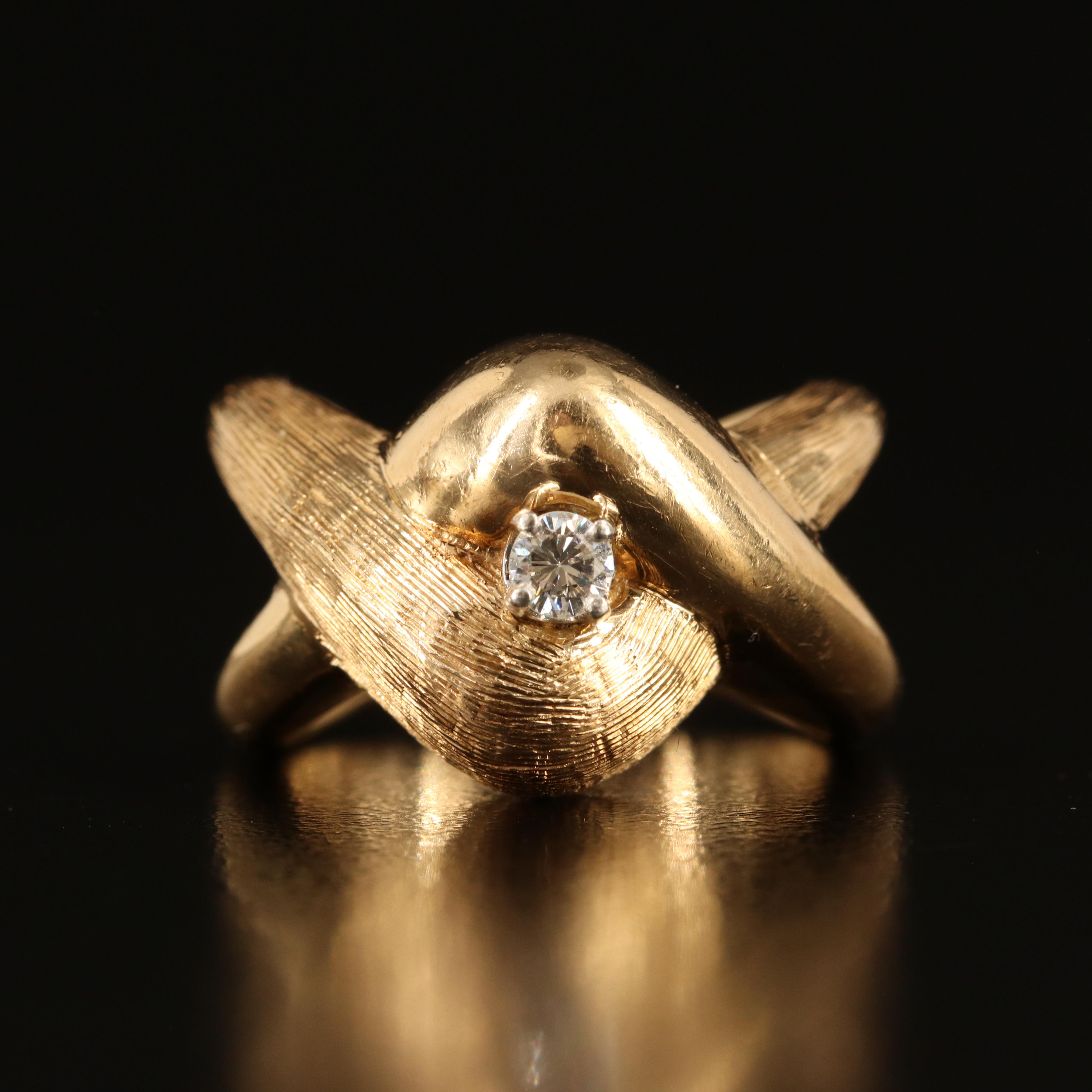 1950s 14K 0.11 CT Diamond Crossover Ring with Florentine Finish Accent