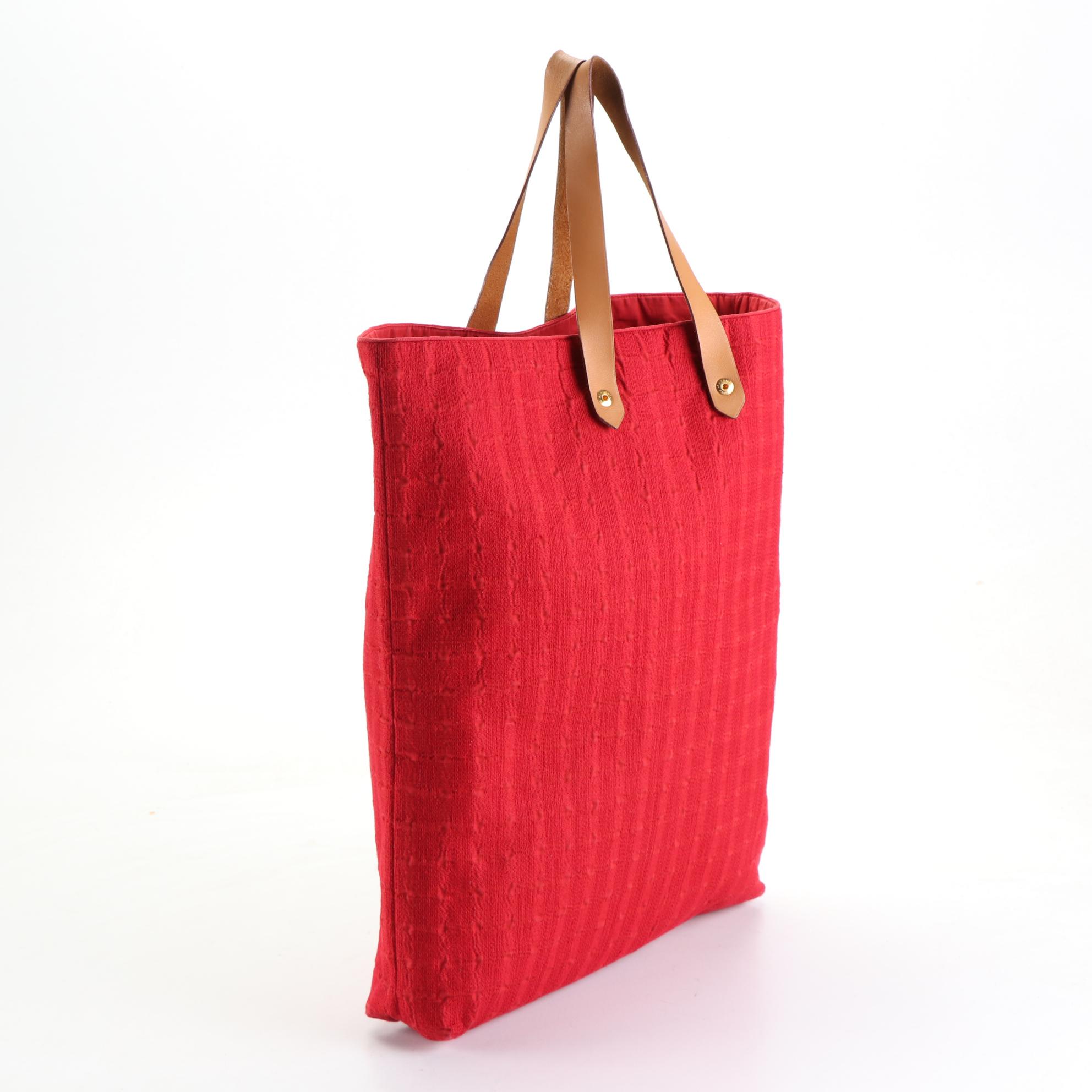 Hermès Ahmedabad Tote in Red Grid Texture Cotton Canvas and Tan Leather