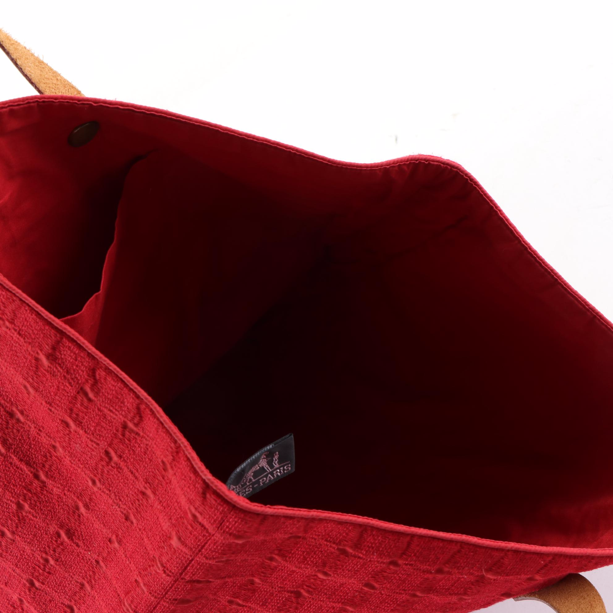 Hermès Ahmedabad Tote in Red Grid Texture Cotton Canvas and Tan Leather