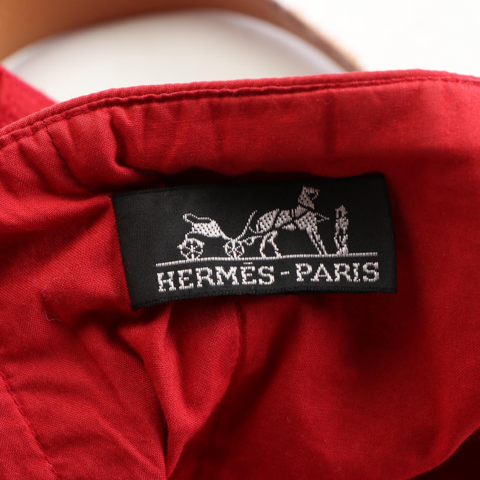 Hermès Ahmedabad Tote in Red Grid Texture Cotton Canvas and Tan Leather