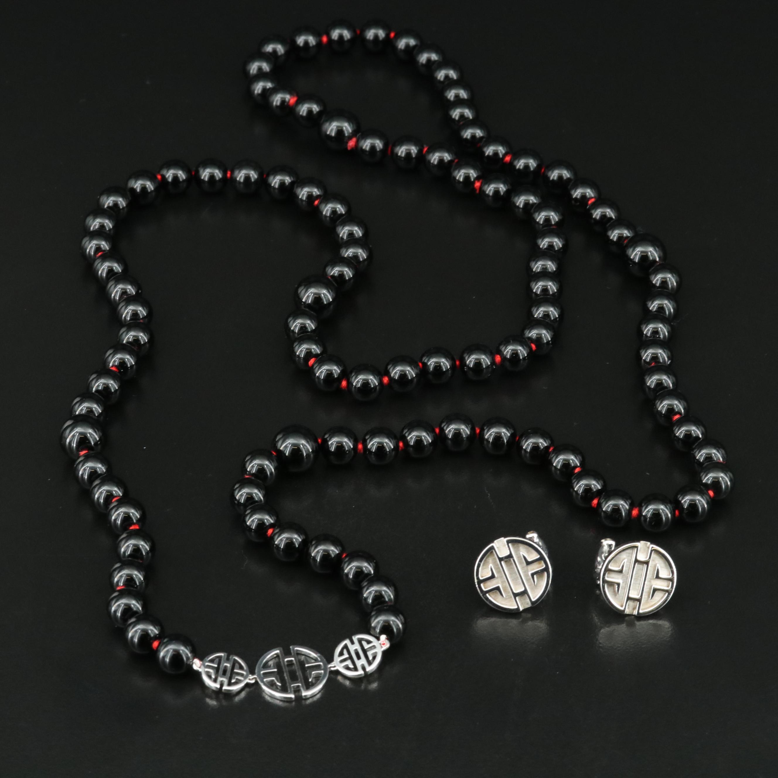 Gump's Sterling Black Onyx Longevity Necklace and Earring Set