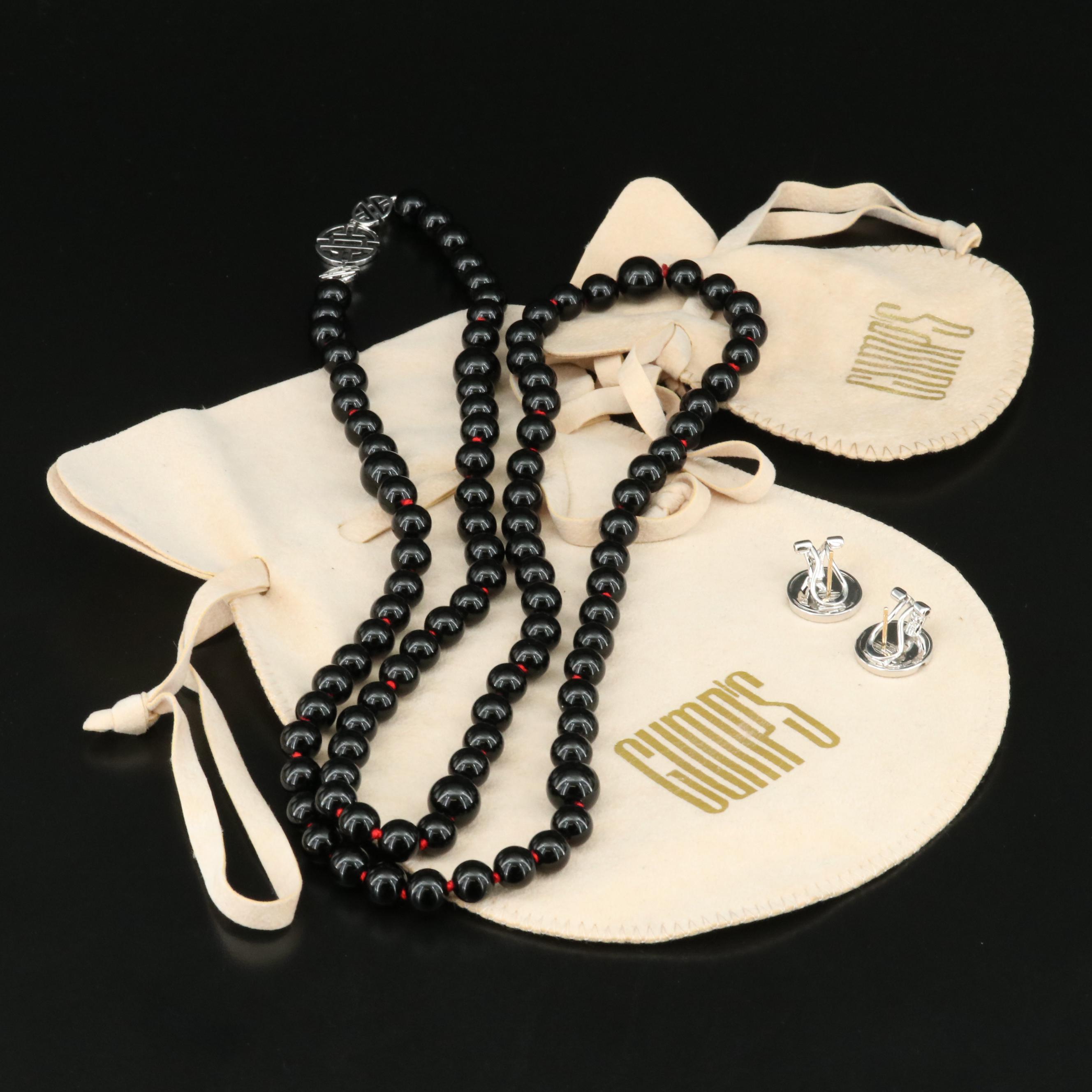 Gump's Sterling Black Onyx Longevity Necklace and Earring Set