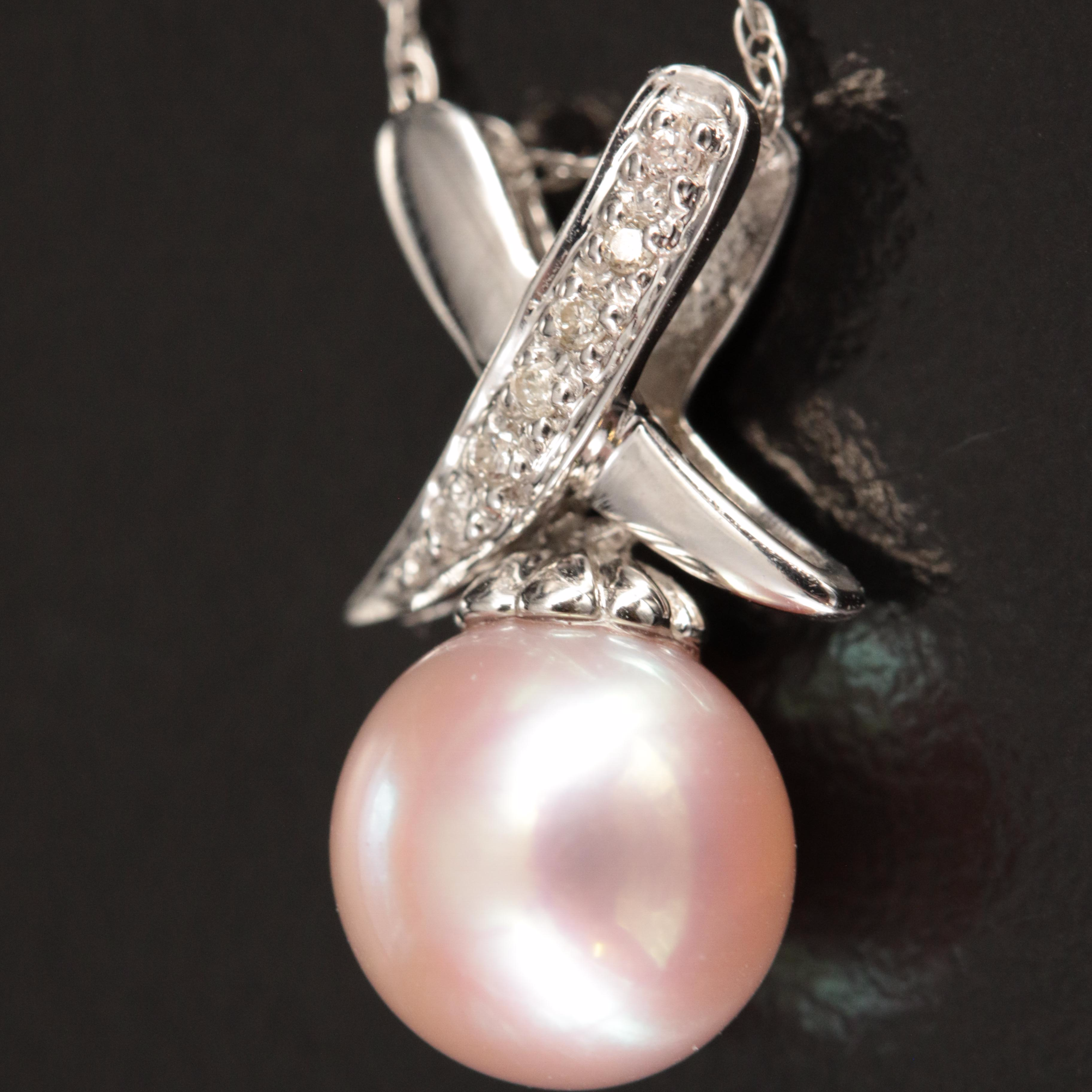 14K Pearl and Diamond "X" Pendant Necklace