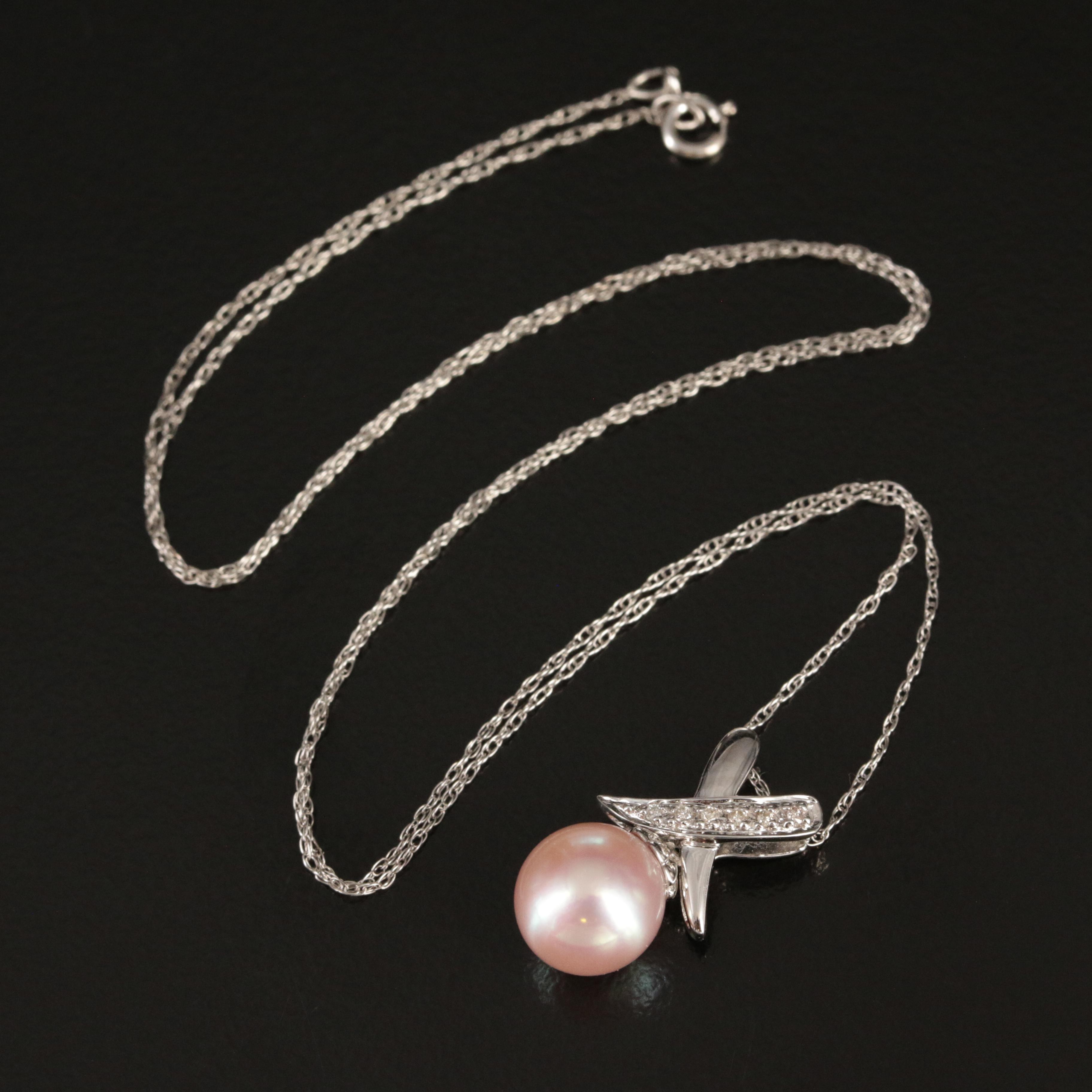 14K Pearl and Diamond "X" Pendant Necklace