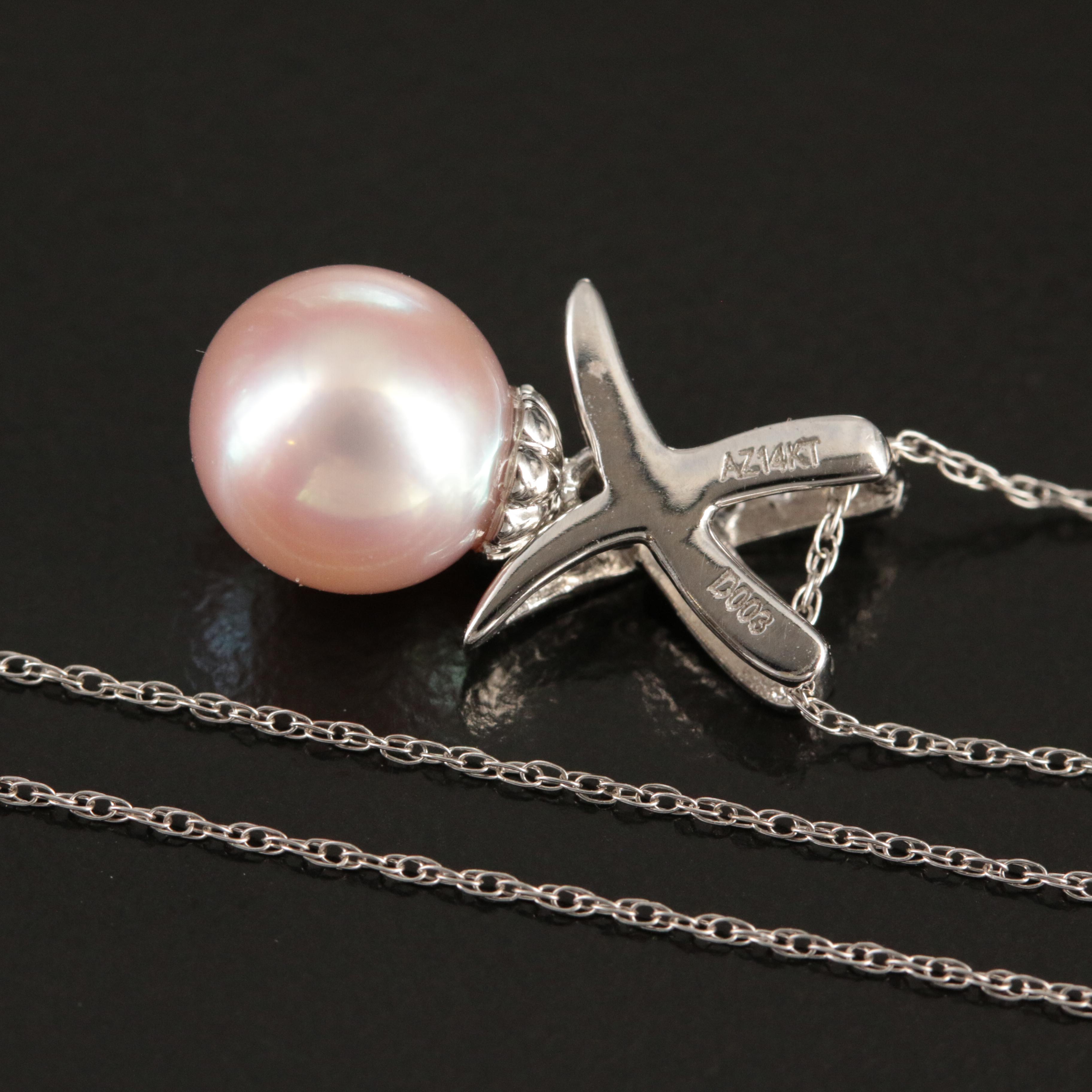 14K Pearl and Diamond "X" Pendant Necklace