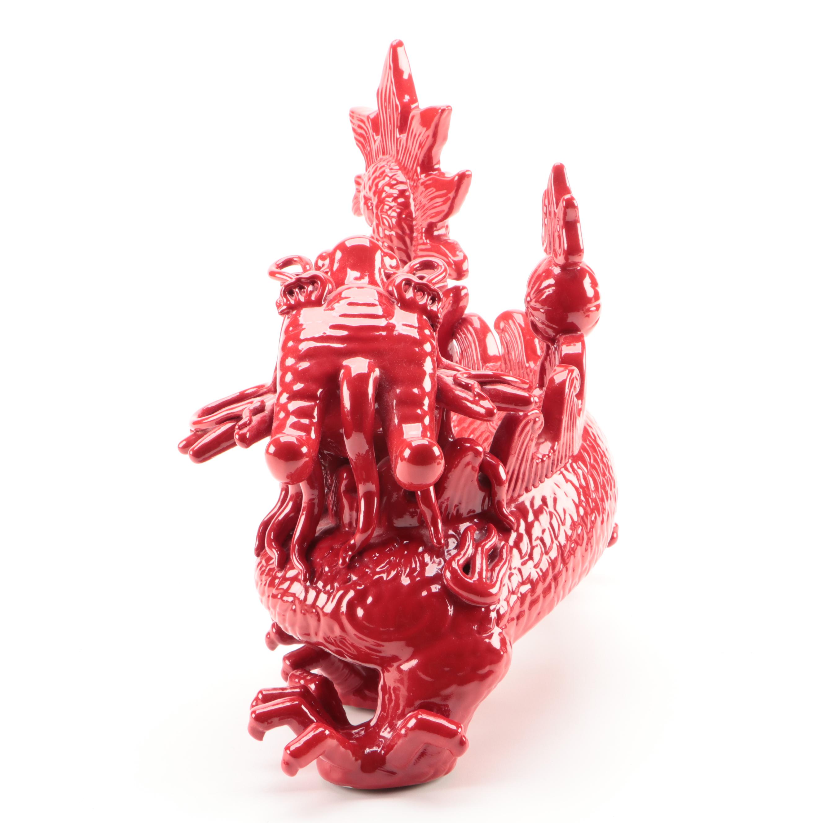 Chinese Red Glazed Ceramic Dragon Chasing Pearl Centerpiece Figurine