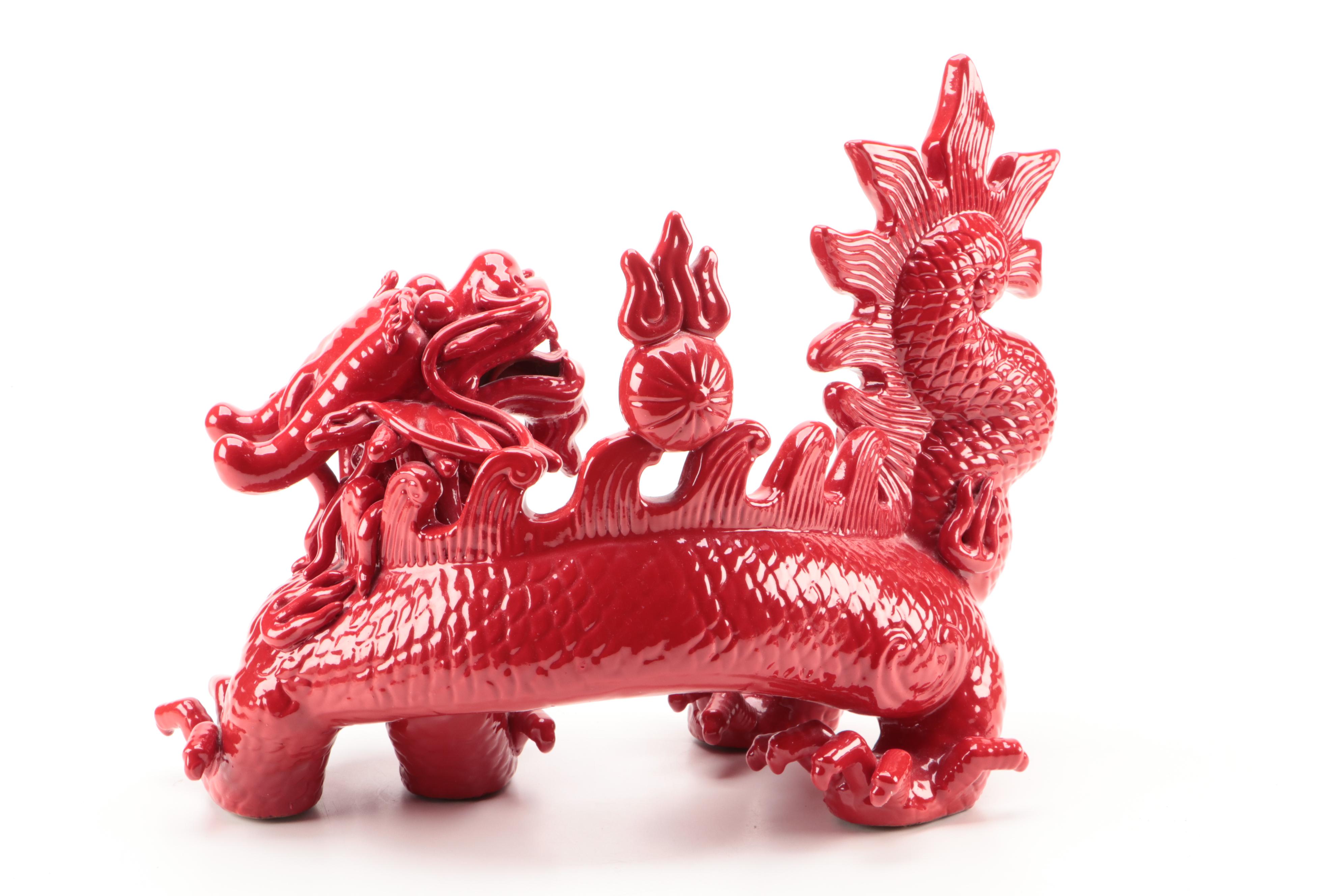 Chinese Red Glazed Ceramic Dragon Chasing Pearl Centerpiece Figurine