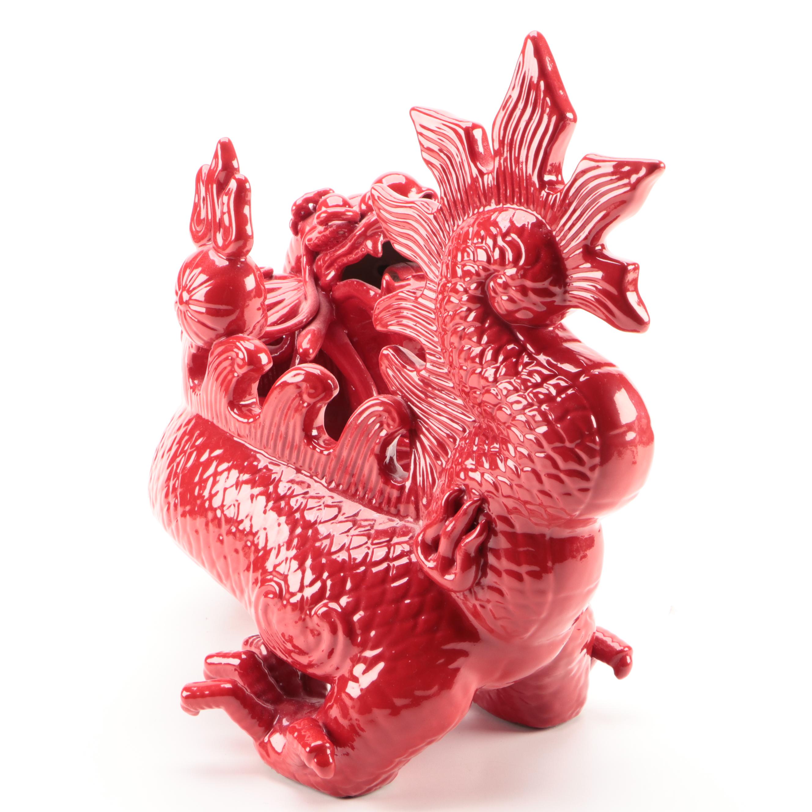 Chinese Red Glazed Ceramic Dragon Chasing Pearl Centerpiece Figurine