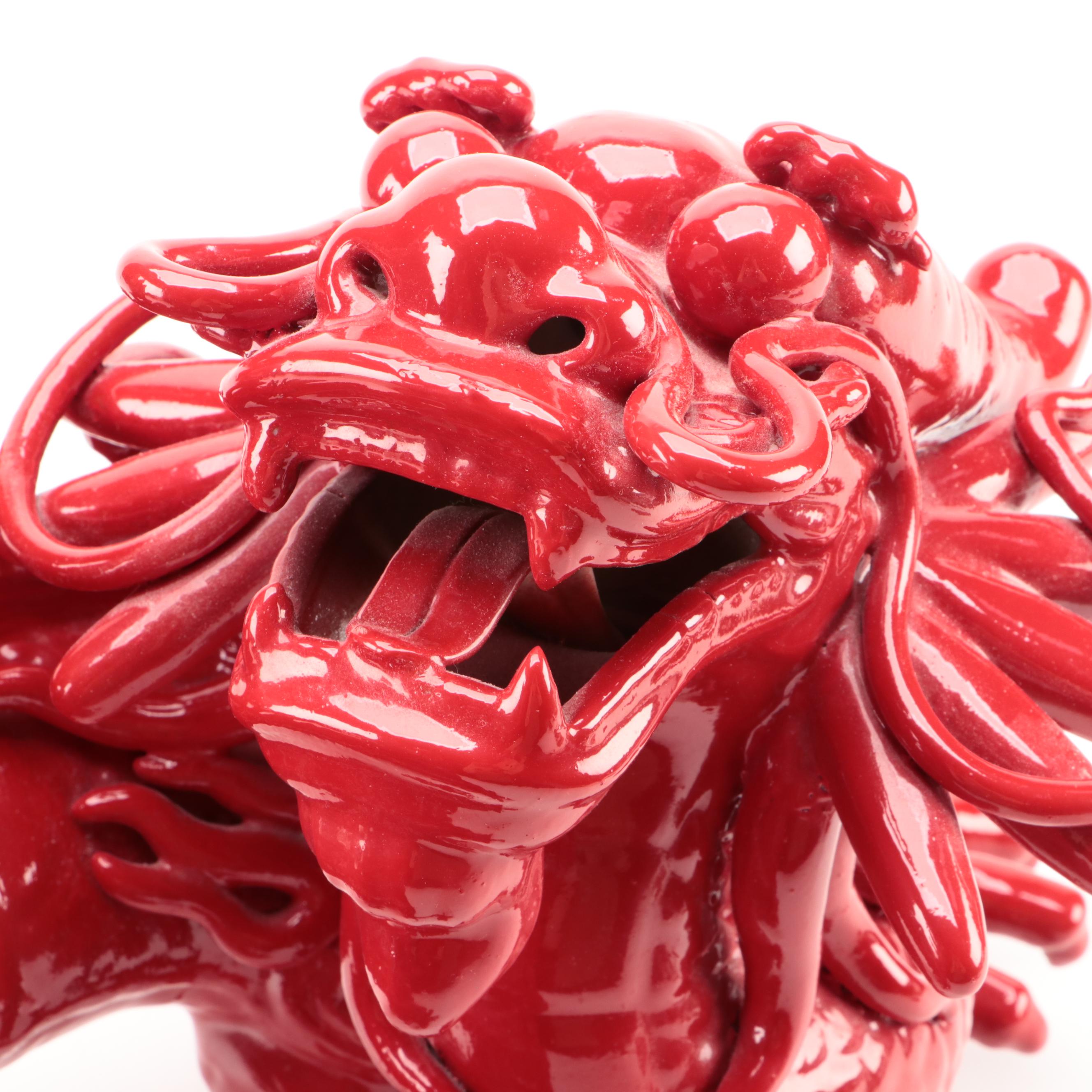 Chinese Red Glazed Ceramic Dragon Chasing Pearl Centerpiece Figurine