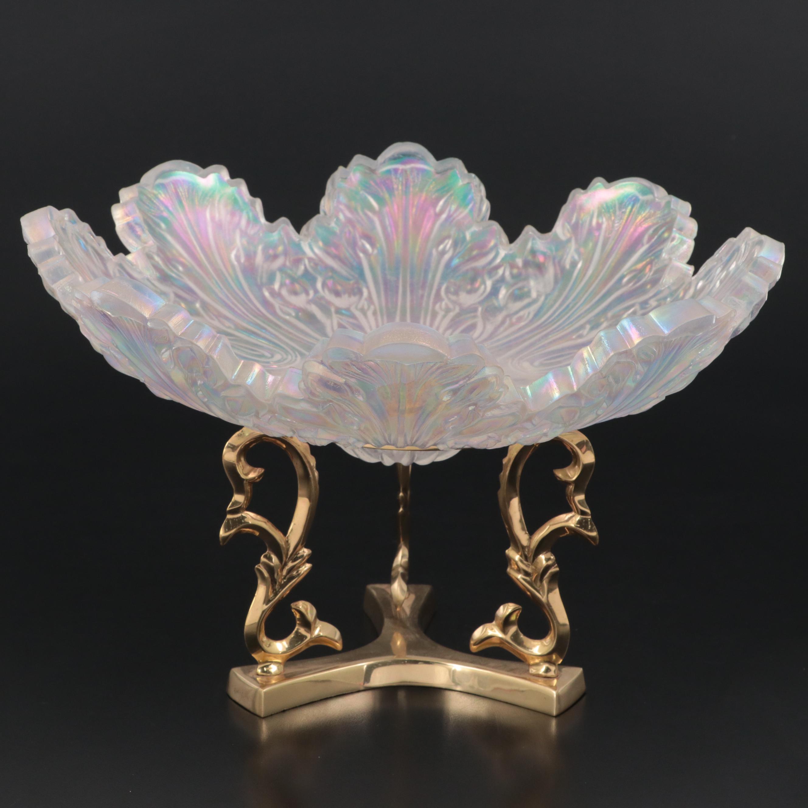 Fenton "Lifestyles" Iridescent Art Glass Leaf-Shaped Bowl with Brass Stand