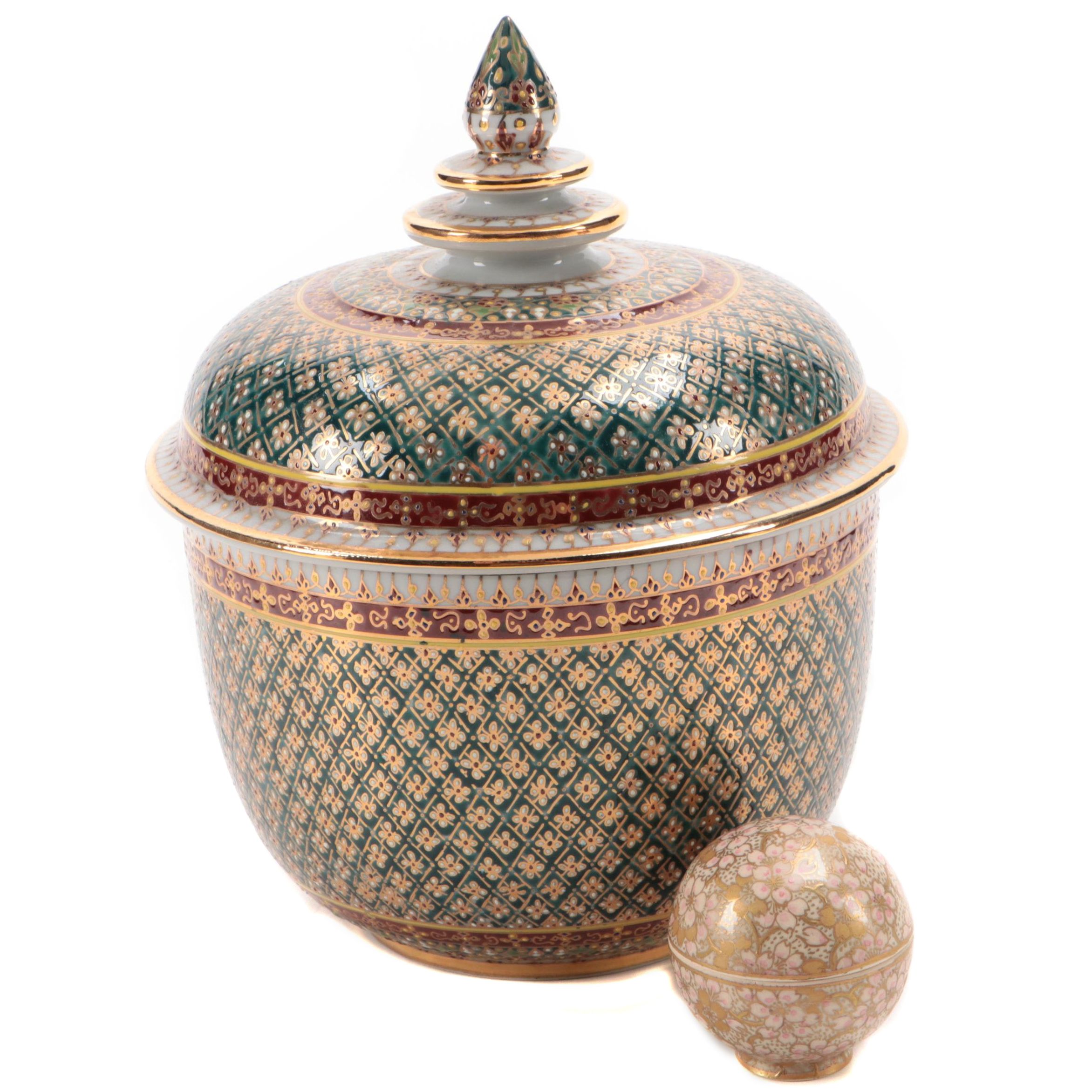 Thai Hand-Painted Porcelain Lidded Jar with Japanese Kutani Cherry Blossom Box