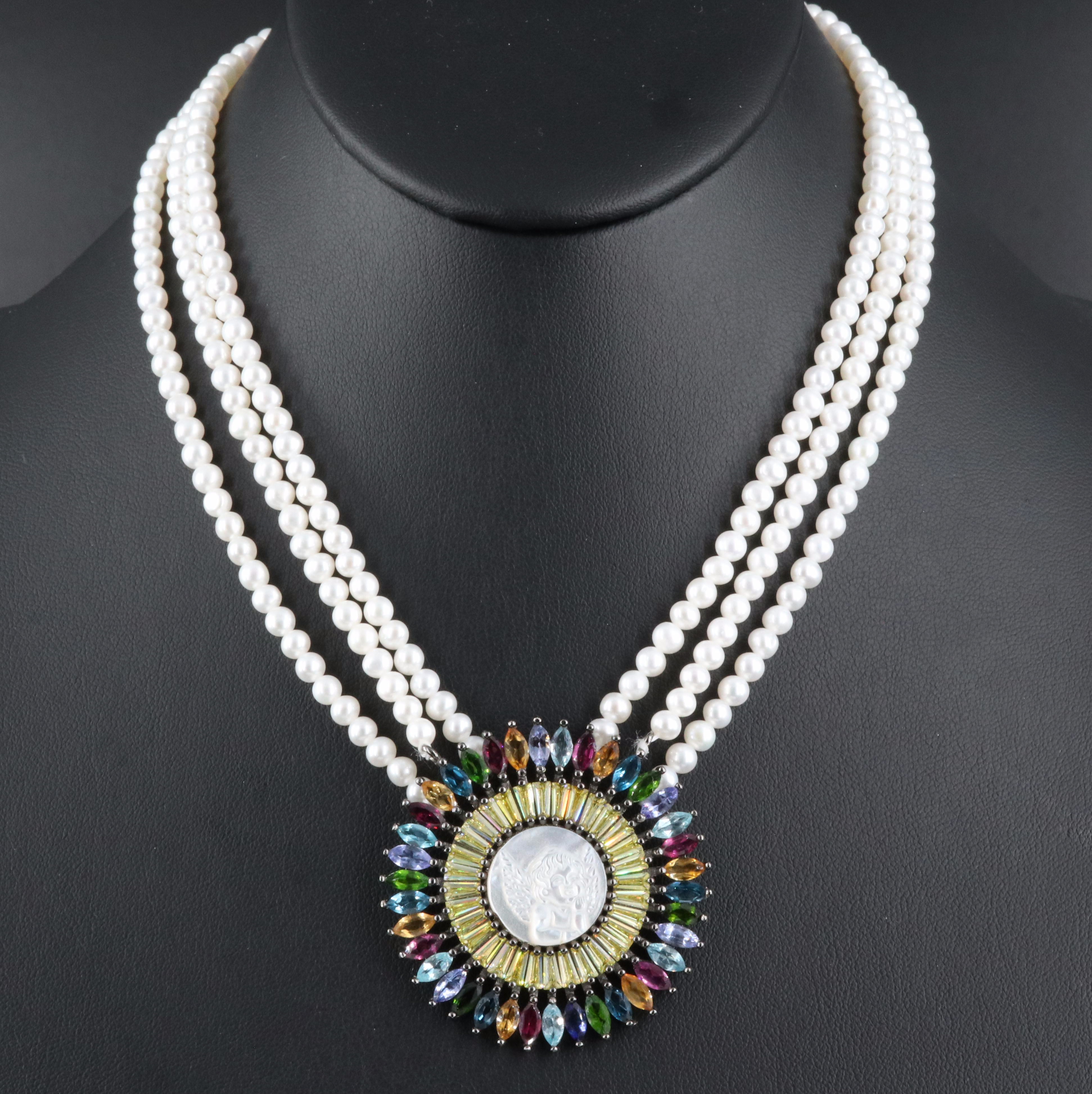 Sterling Mother-of-Pearl Cherub Cameo Necklace Including Pearl