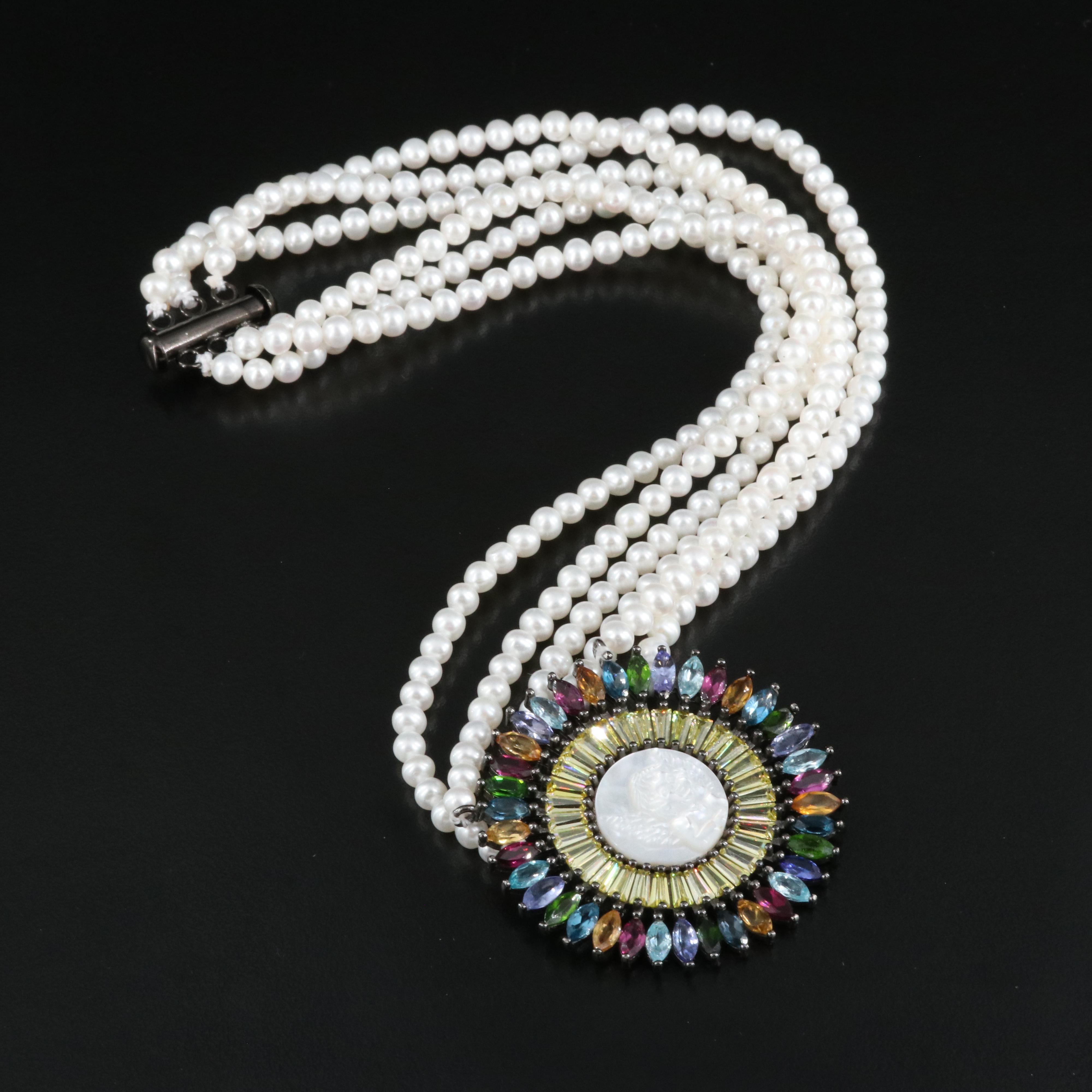 Sterling Mother-of-Pearl Cherub Cameo Necklace Including Pearl