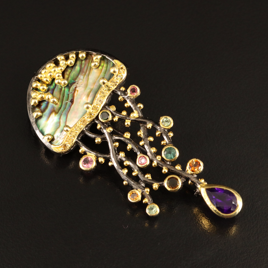 Sterling Abalone and Gemstone Jellyfish Converter Brooch