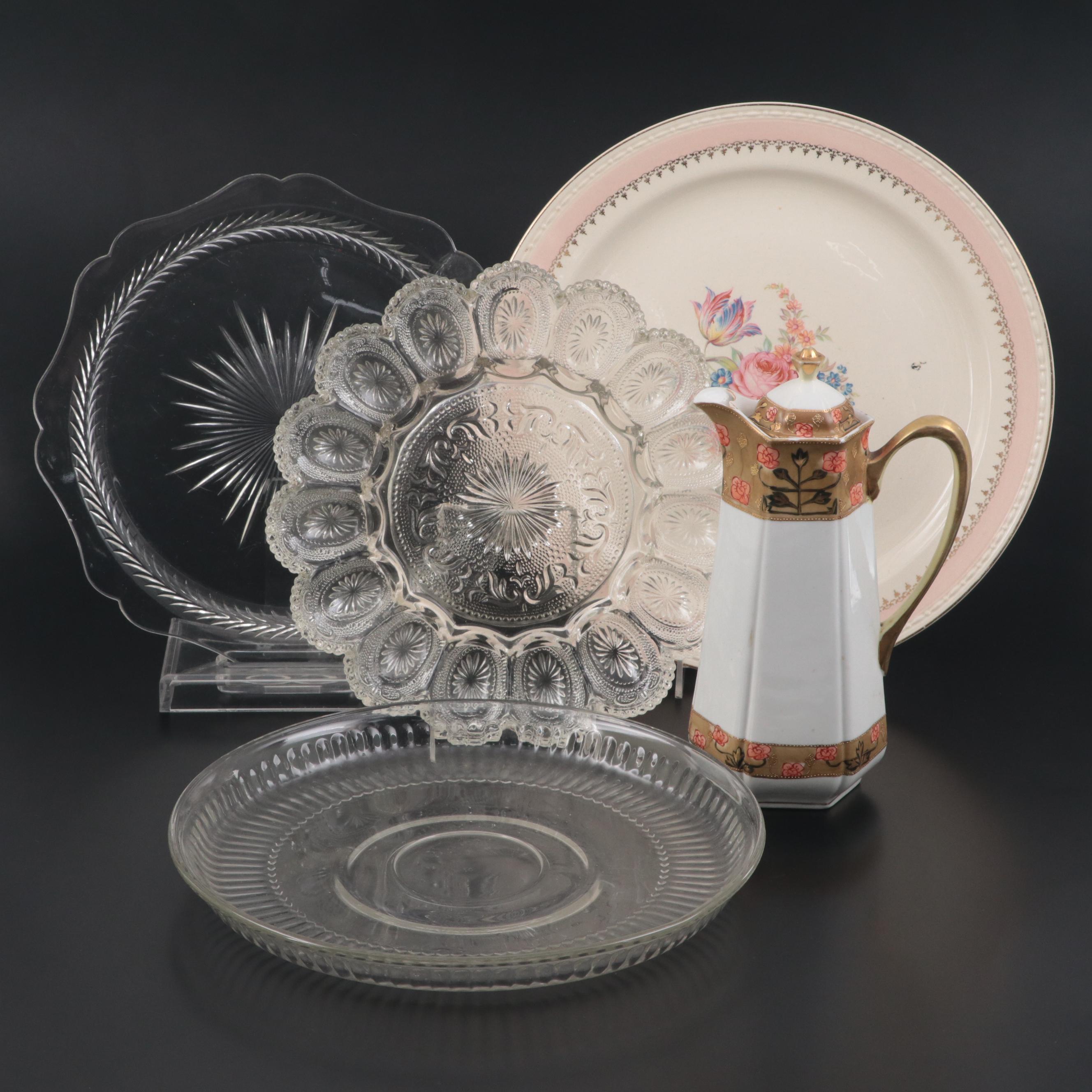 Homer Laughlin "Georgian" Coffee Pot with Glass Serving Dishes and Other Platter