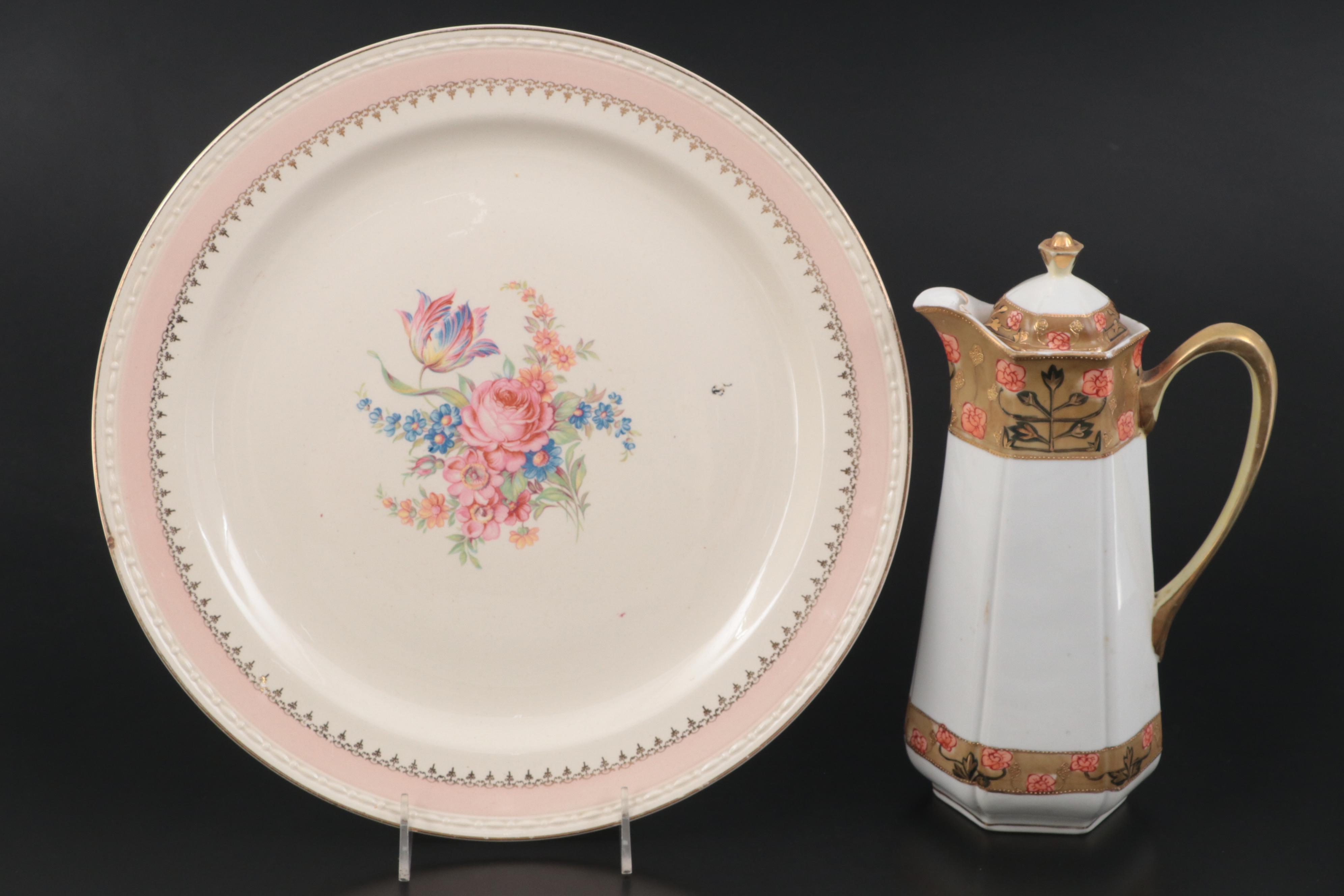 Homer Laughlin "Georgian" Coffee Pot with Glass Serving Dishes and Other Platter