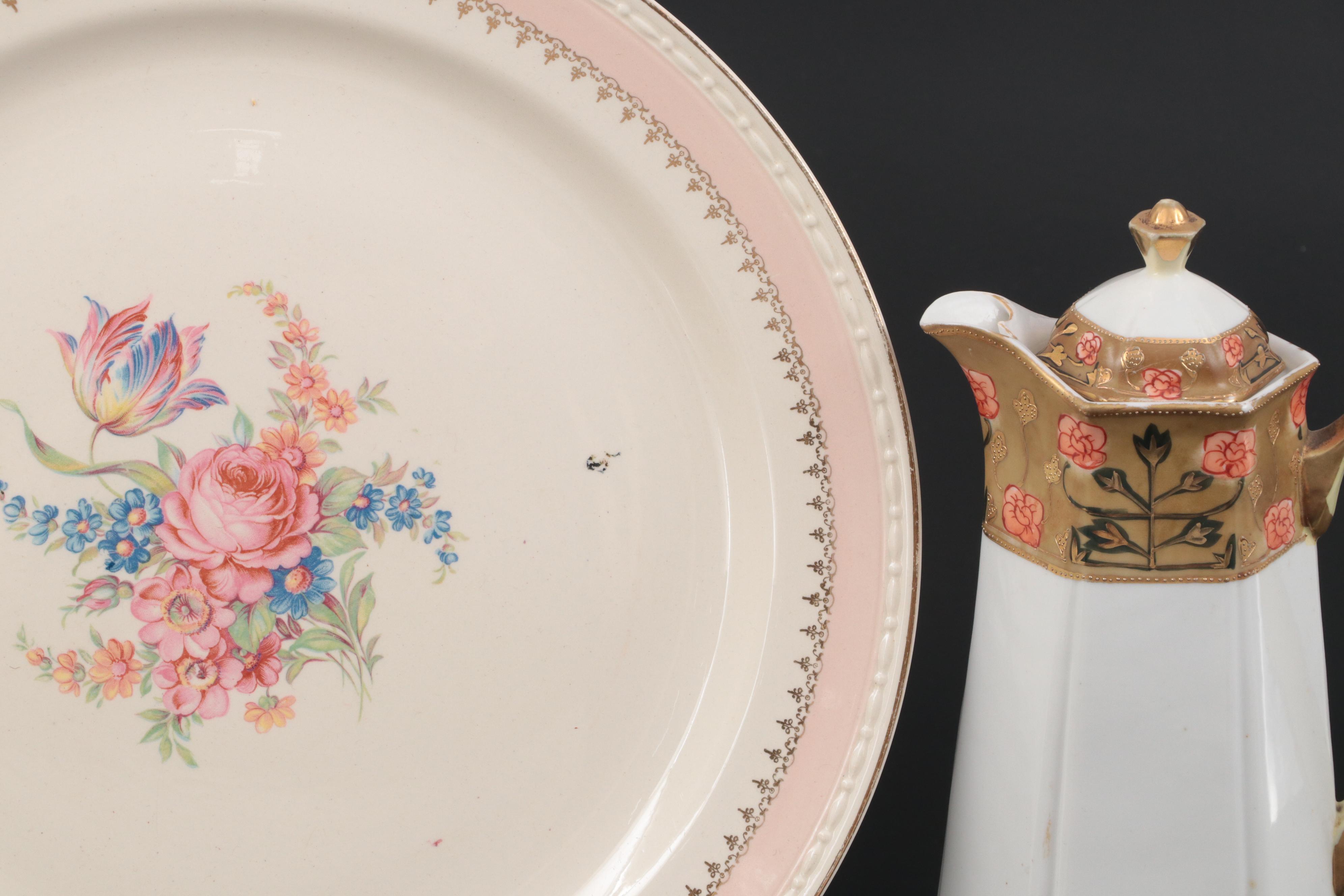 Homer Laughlin "Georgian" Coffee Pot with Glass Serving Dishes and Other Platter