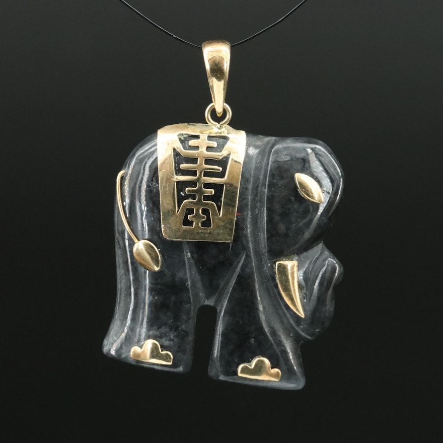 Chinese 14K Carved Jadeite Elephant Good Fortune Pendant