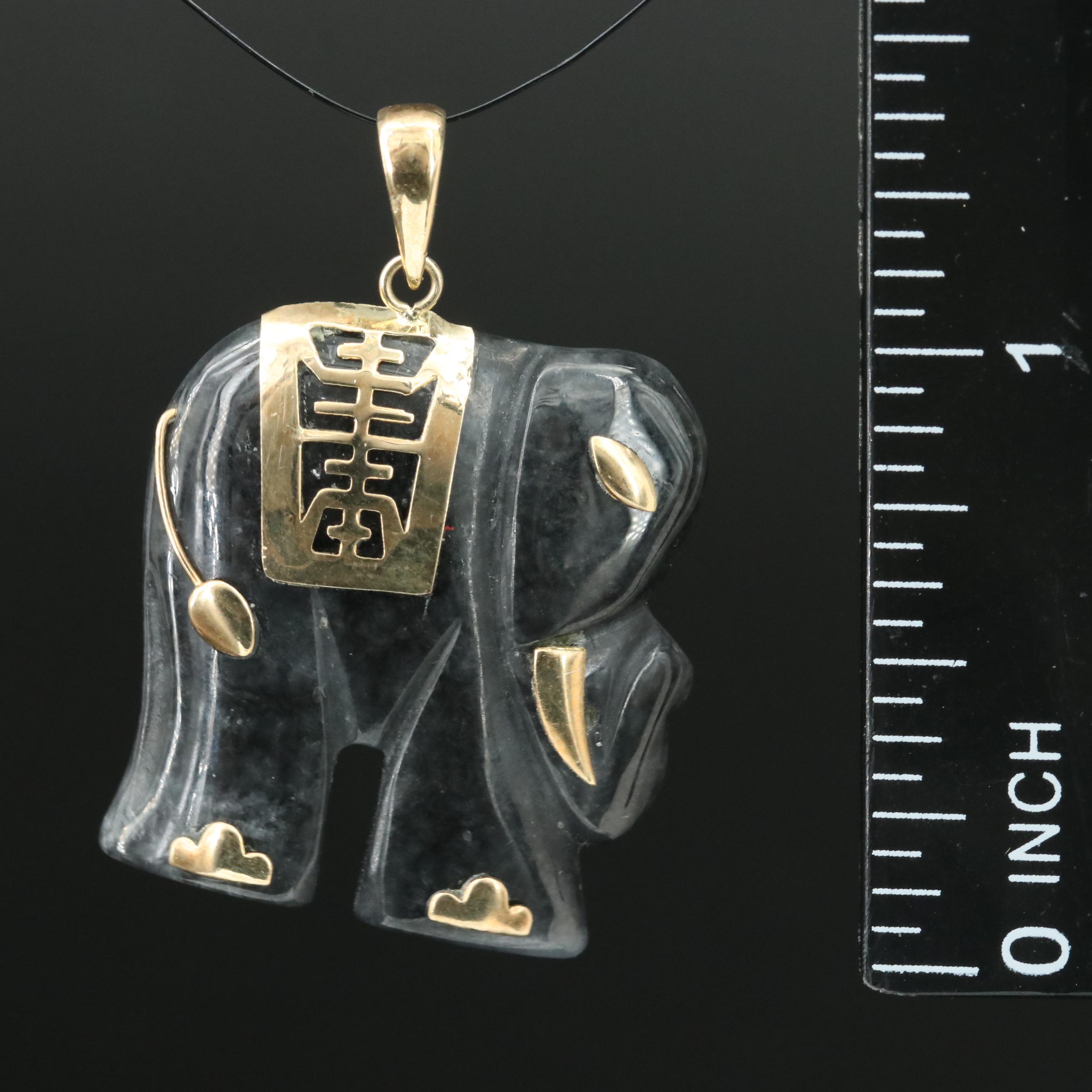 Chinese 14K Carved Jadeite Elephant Good Fortune Pendant