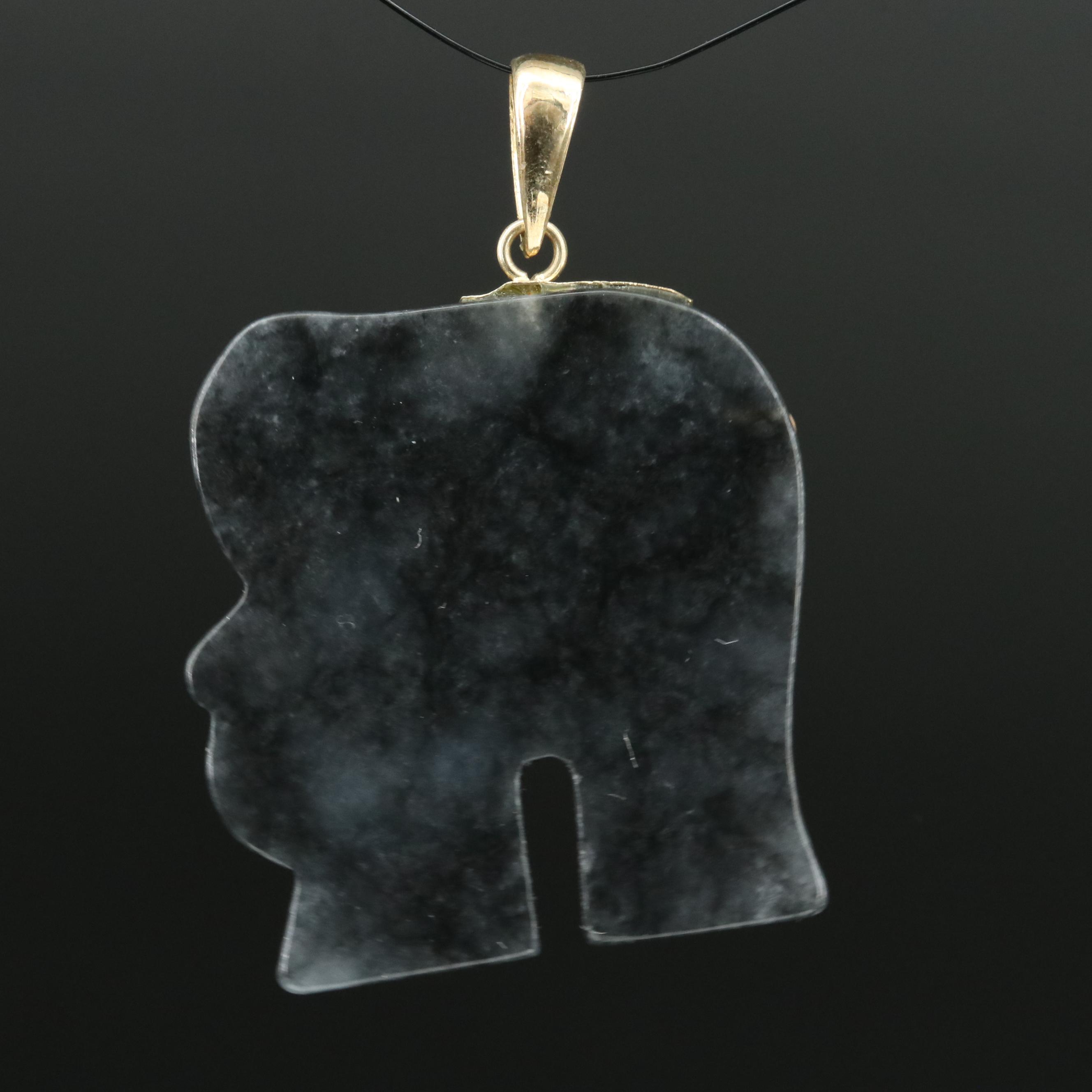 Chinese 14K Carved Jadeite Elephant Good Fortune Pendant