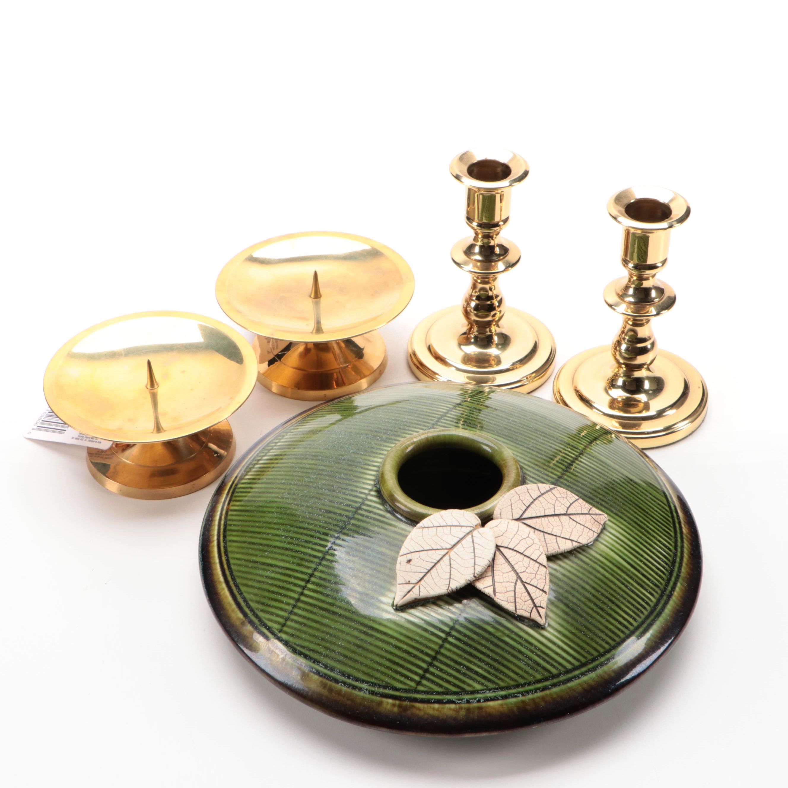 Glen Woods Studio Art Pottery Flower Frog with Brass Candle Holders