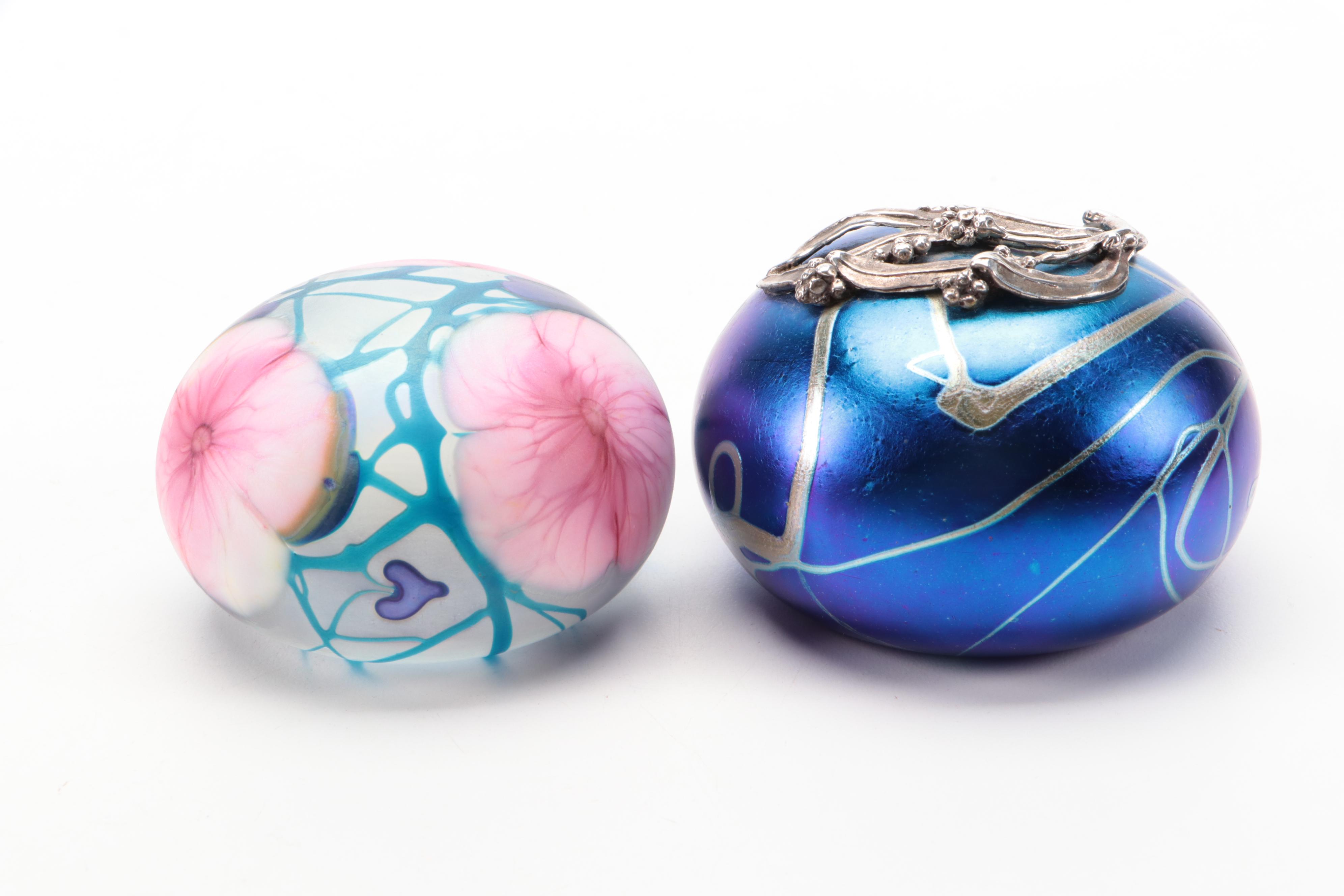 Blown Art Glass Paperweights with Pulled Feather Vase, Late 20th Century
