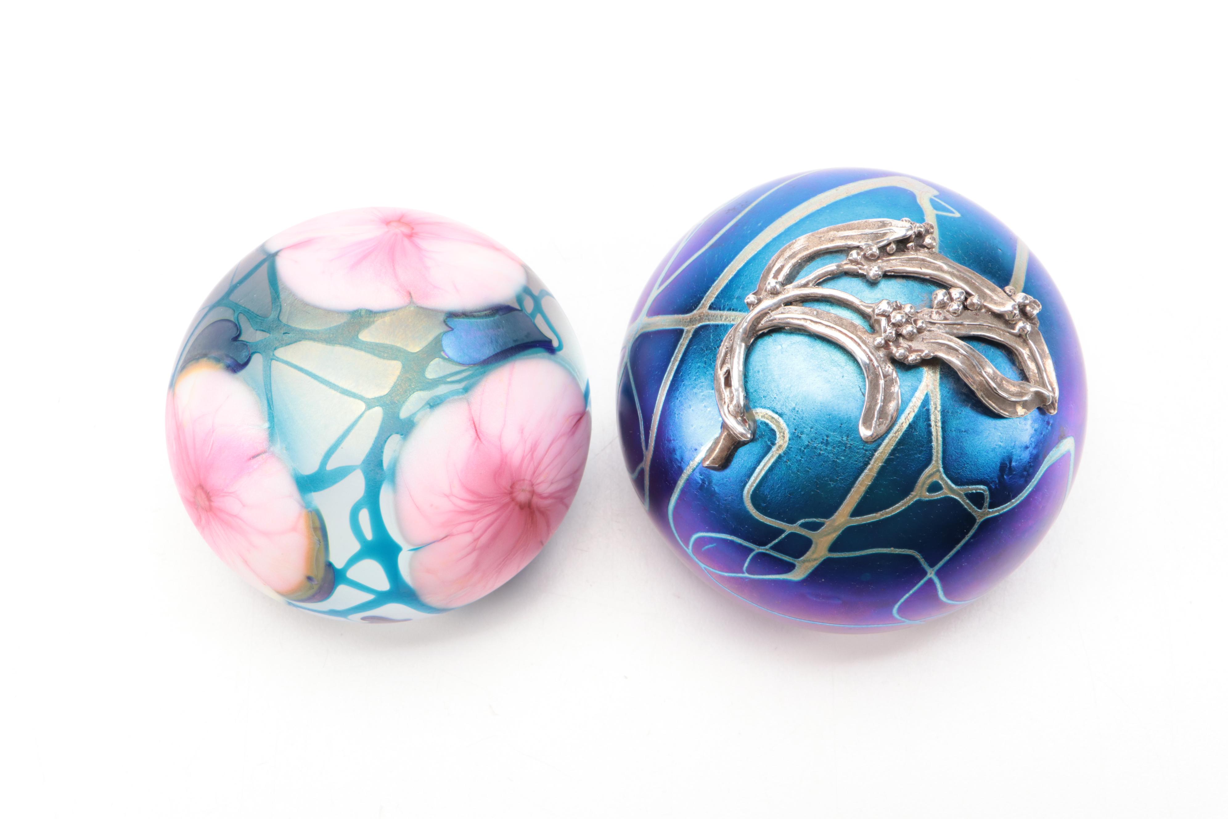 Blown Art Glass Paperweights with Pulled Feather Vase, Late 20th Century