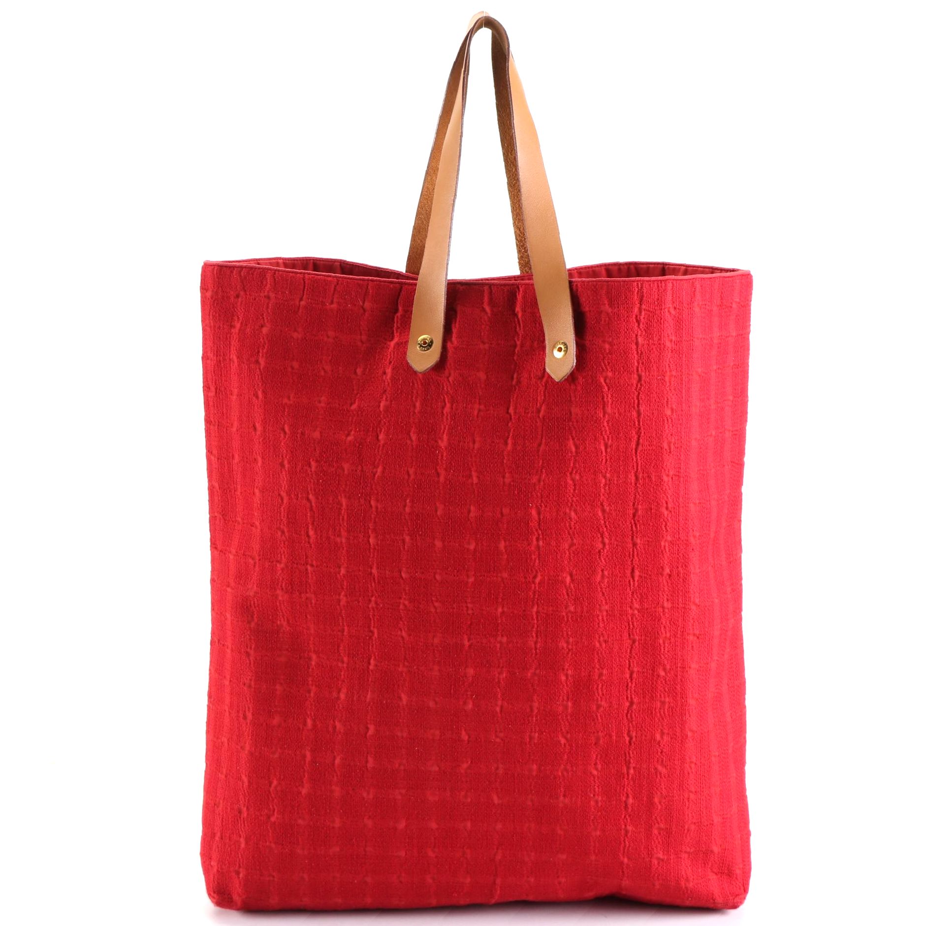 Hermès Ahmedabad Tote in Red Grid Texture Cotton Canvas and Tan Leather