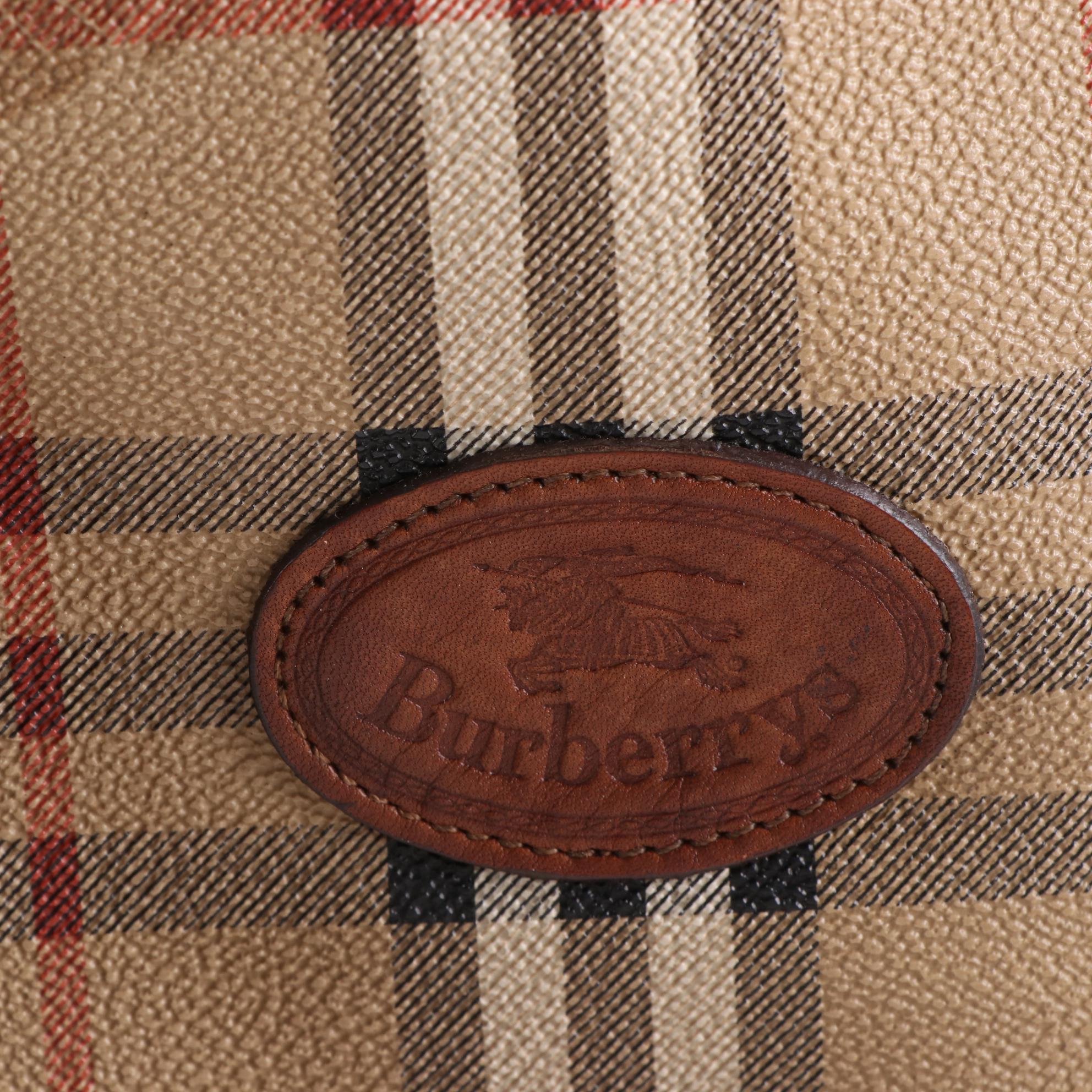 Burberrys Boston Bag in Haymarket Check Coated Canvas and Brown Leather