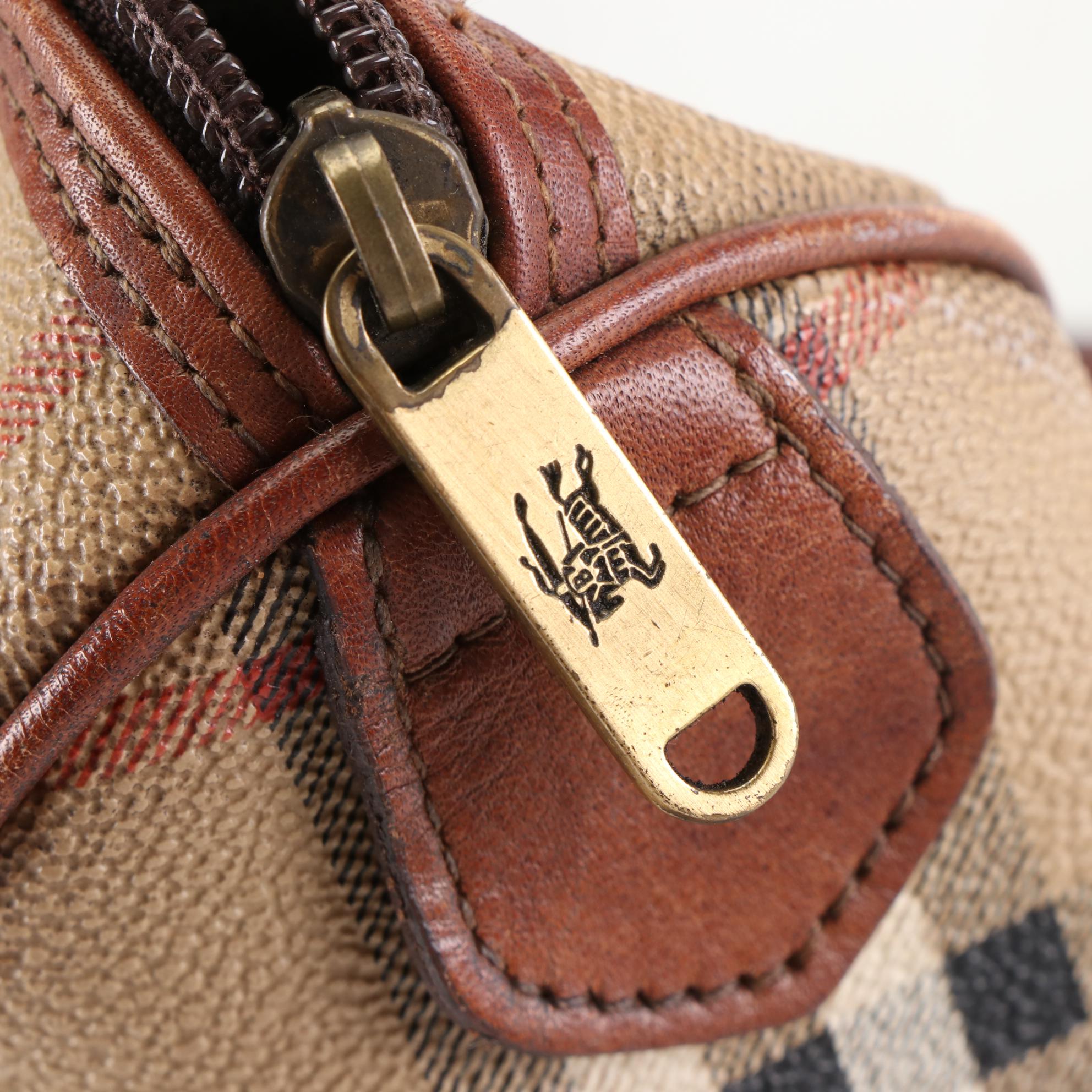 Burberrys Boston Bag in Haymarket Check Coated Canvas and Brown Leather